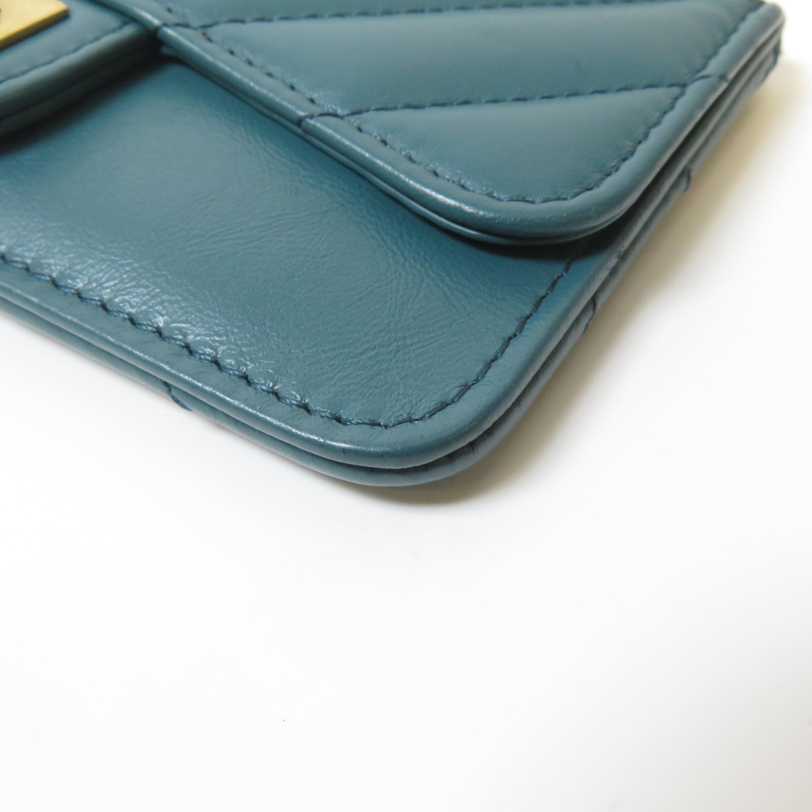 CHANEL 斜紋牛皮皮革Card Case金扣卡片套藍色