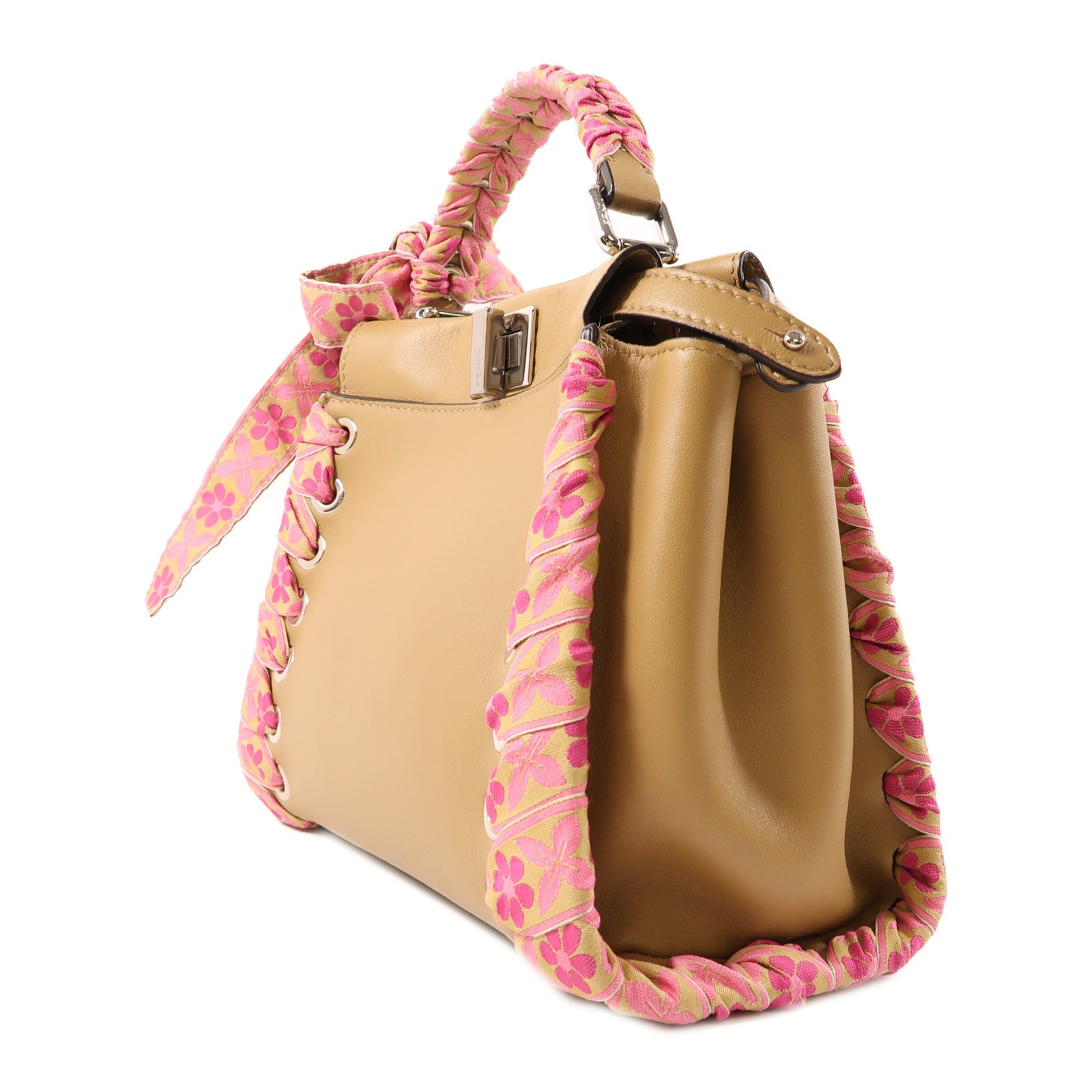 FENDI 羊皮皮革Mini Peekaboo金扣手挽肩背兩用袋淺啡色