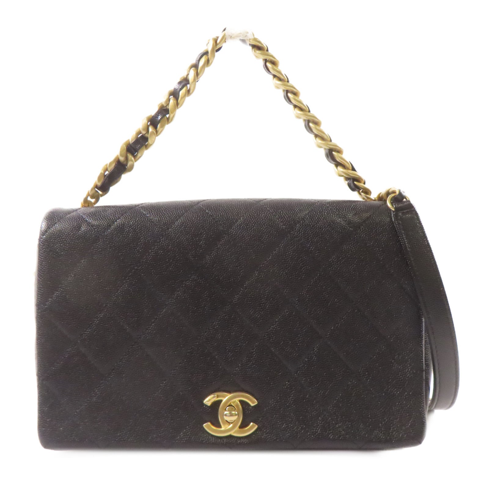 CHANEL 牛皮皮革2 Way Shoulder Bag金扣手挽肩背兩用袋黑色