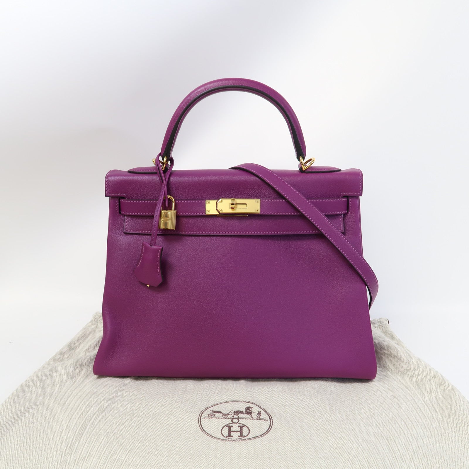 HERMES Evercolor皮革Kelly 32金扣手挽肩背兩用袋P9 Anemone海葵紫色