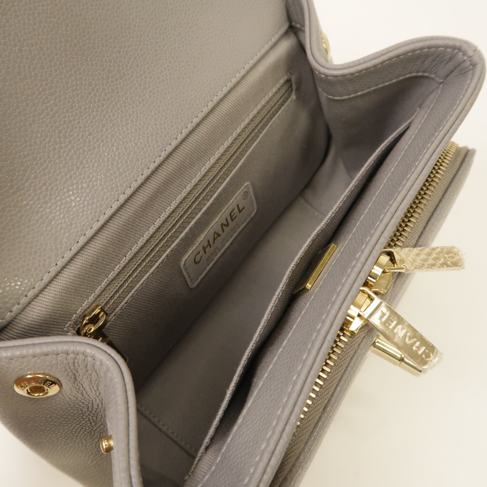 CHANEL 菱格Caviar皮革Chain Shoulder Bag金扣手挽肩背兩用袋灰色