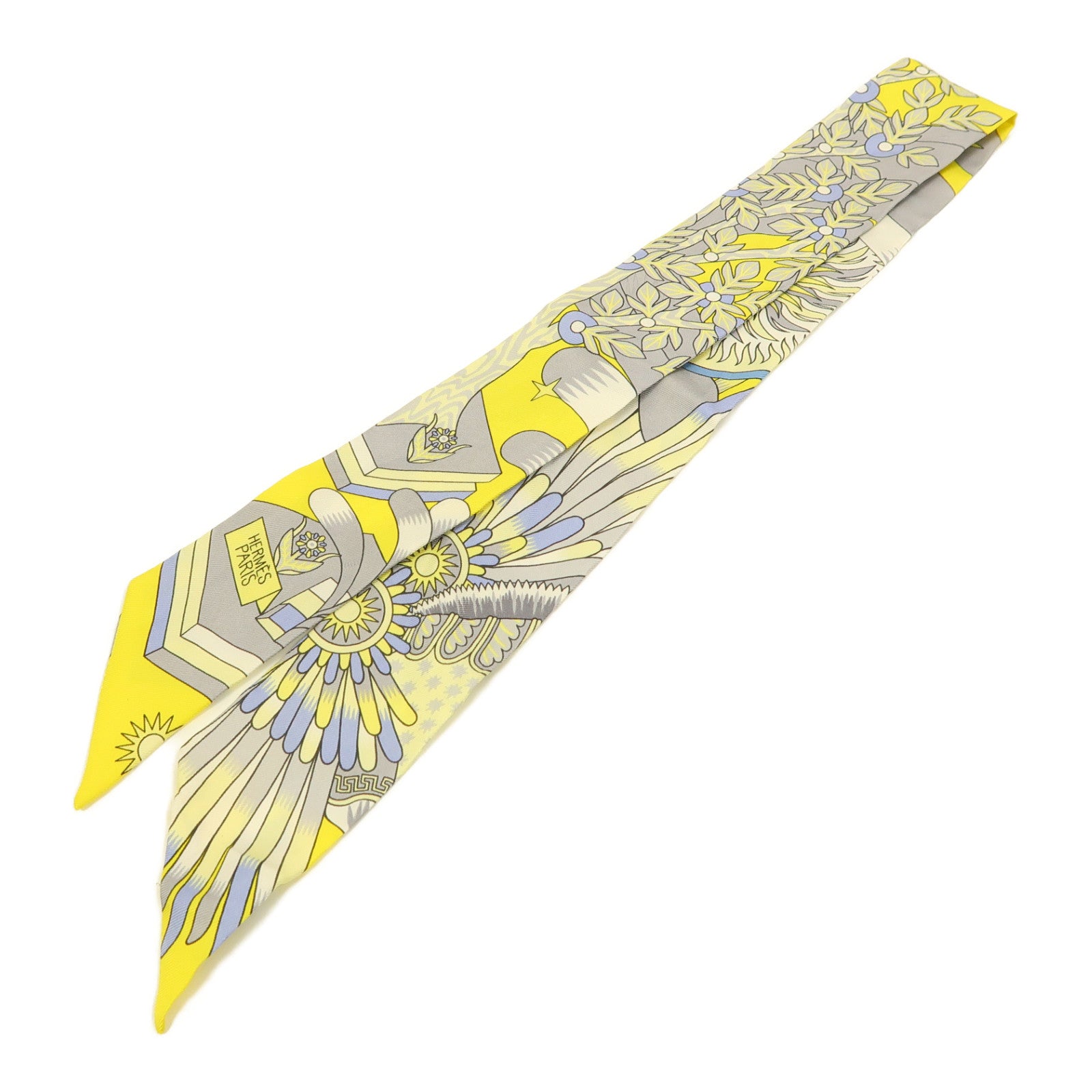 HERMES 絲質Twilly絲巾黃色/灰色