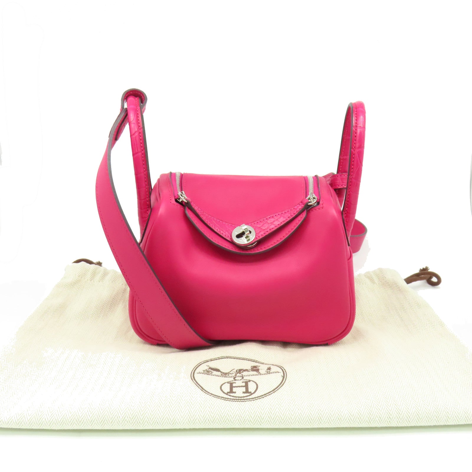 HERMES Swift皮革/鱷魚皮革Mini Lindy Touch Shoulder Bag銀扣肩背袋90 Framboise/紅莓色