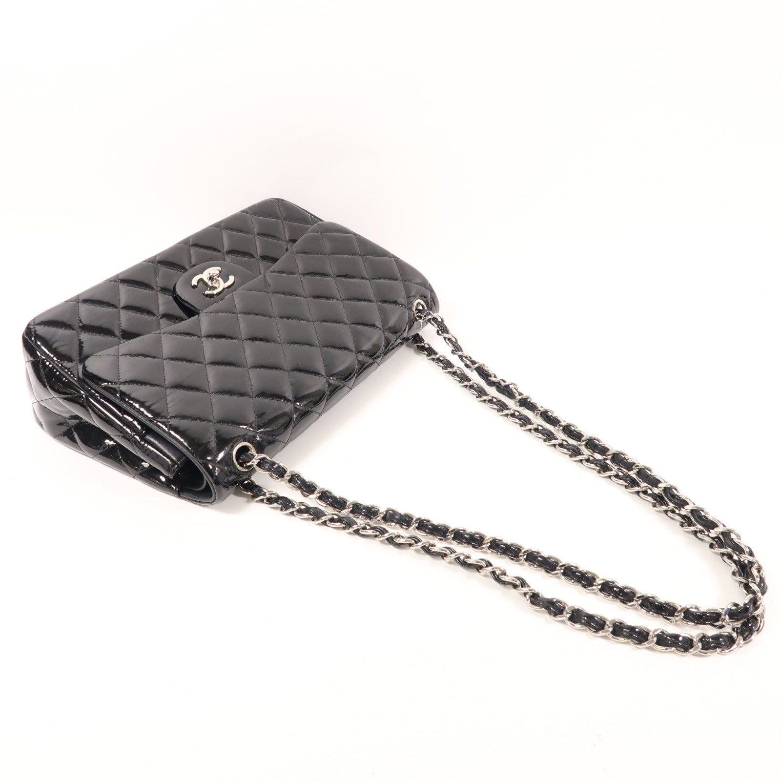 CHANEL 漆皮皮革Large Classic銀扣鏈帶肩背袋