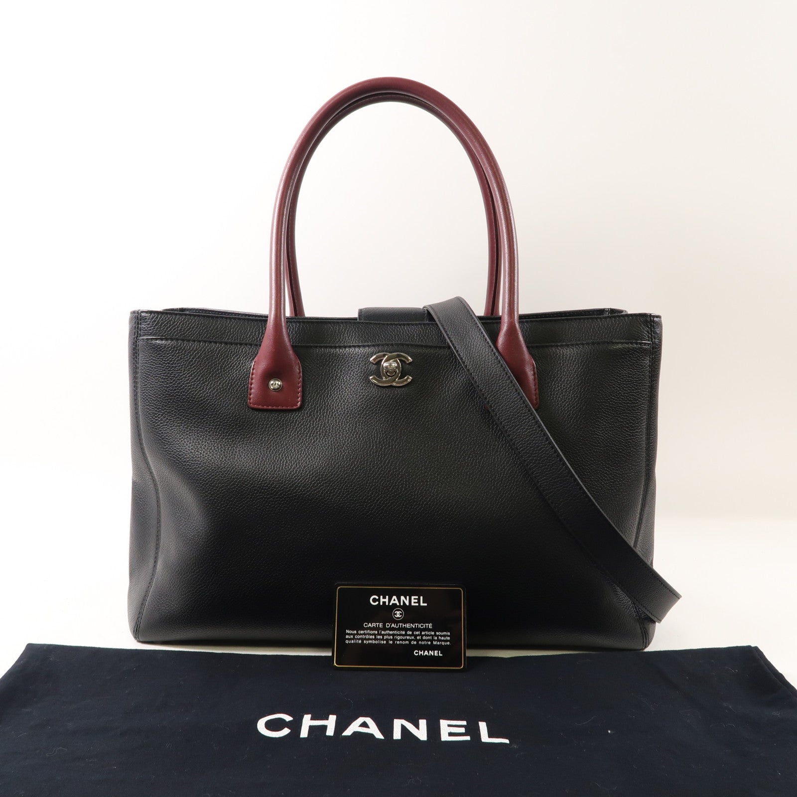 CHANEL CC SHW 2 Way Shoulder Bag Handbag Calfskin Black Red