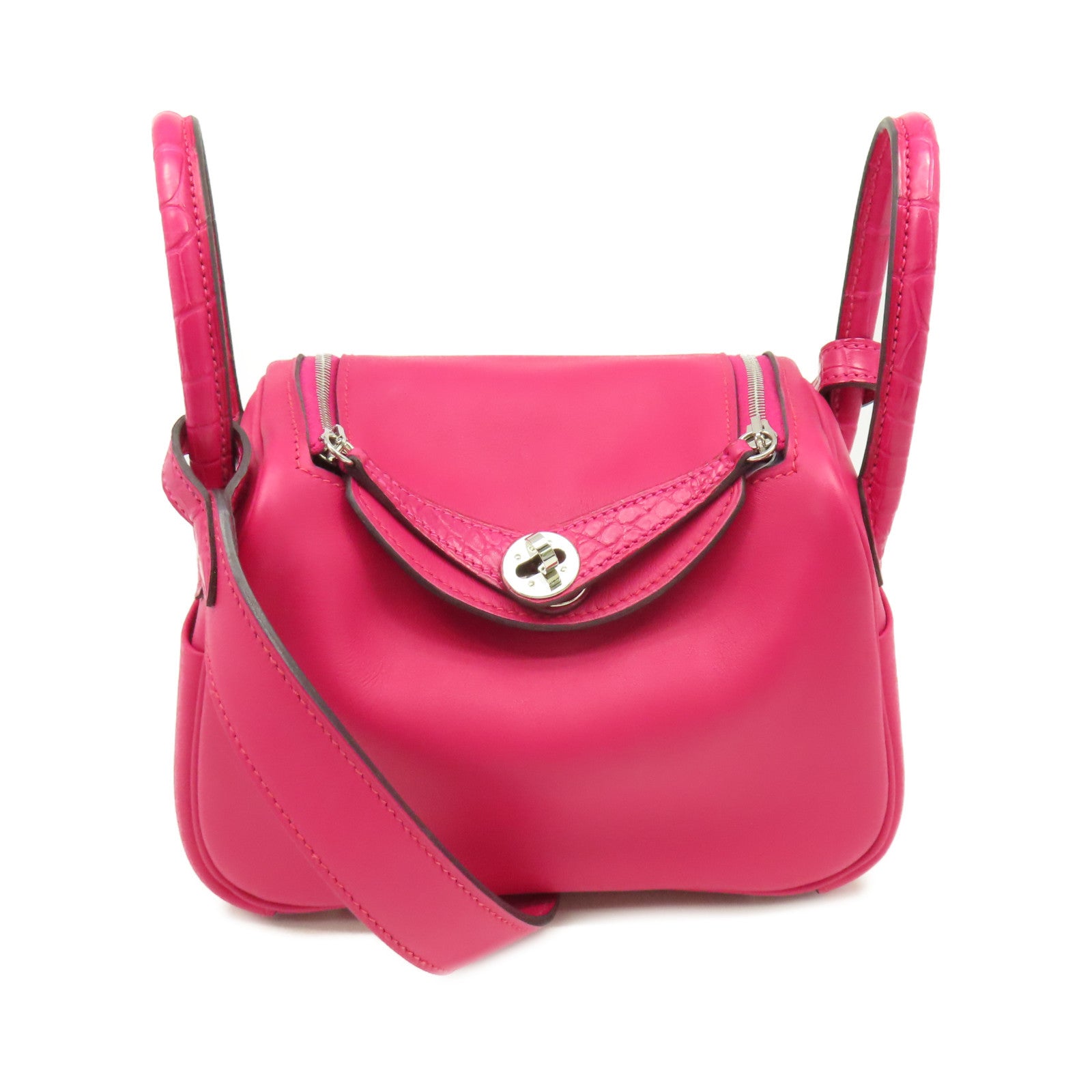 HERMES Swift皮革/鱷魚皮革Mini Lindy Touch Shoulder Bag銀扣肩背袋90 Framboise/紅莓色