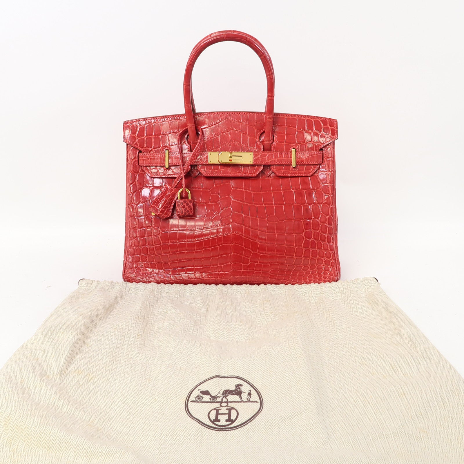 HERMES 鱷魚皮革Birkin 30金扣手挽袋Braise/紅色