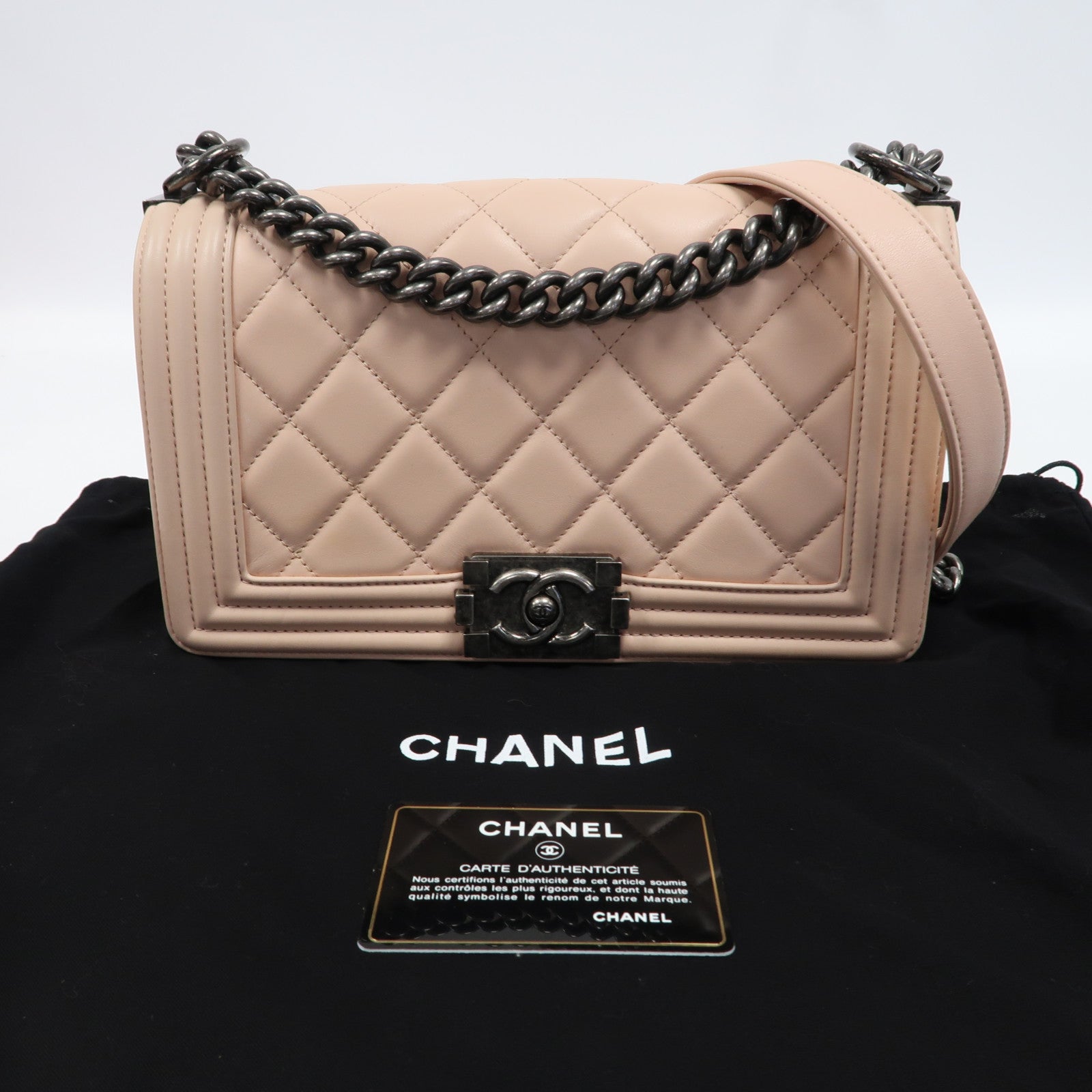 CHANEL 【激減優惠】菱格羊皮皮革Boy 25銀扣鏈帶肩背袋粉紅色