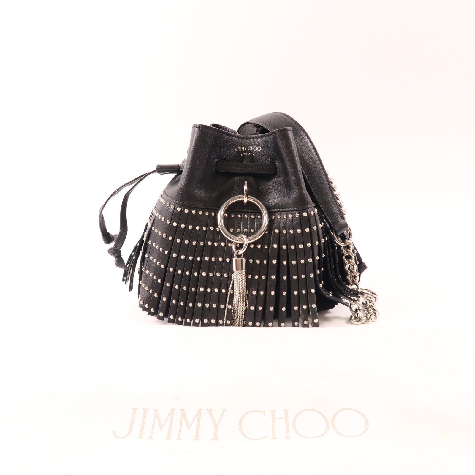JIMMY CHOO 牛皮皮革Shoulder Bag銀扣鏈帶肩背袋黑色