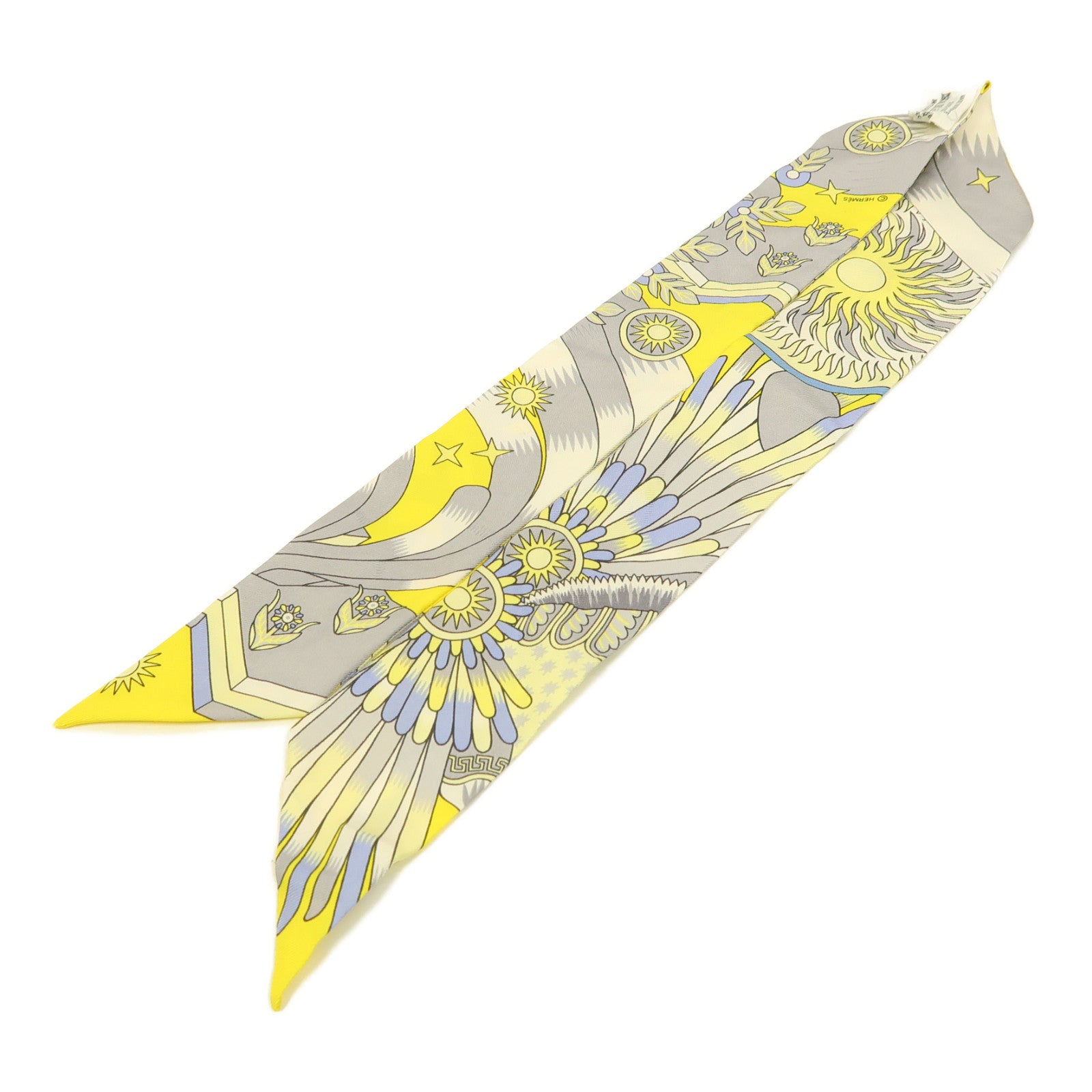 HERMES 絲質Twilly絲巾黃色/灰色