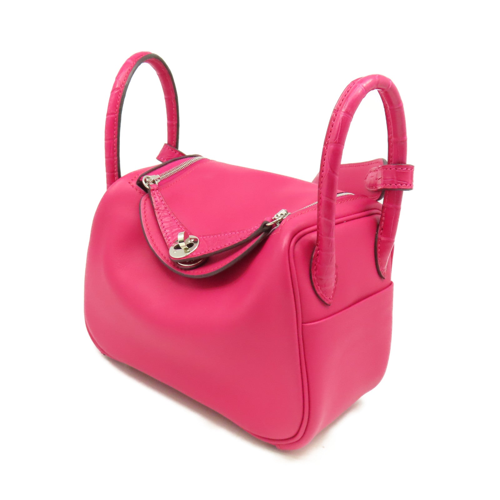 HERMES Swift皮革/鱷魚皮革Mini Lindy Touch Shoulder Bag銀扣肩背袋90 Framboise/紅莓色
