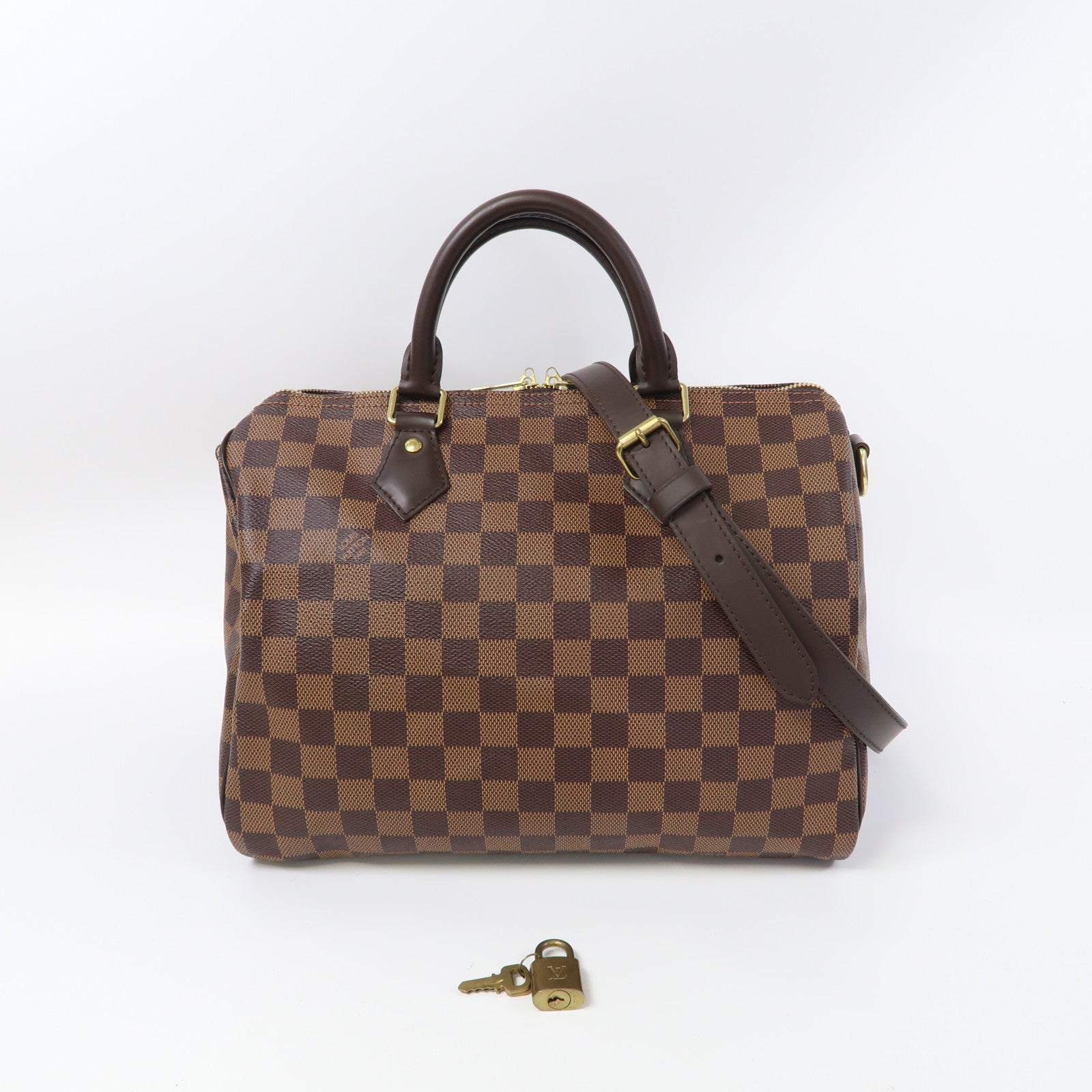 LOUIS VUITTON Damier Ebene Speedy Bandouliere 30金扣手挽肩背兩用袋啡色