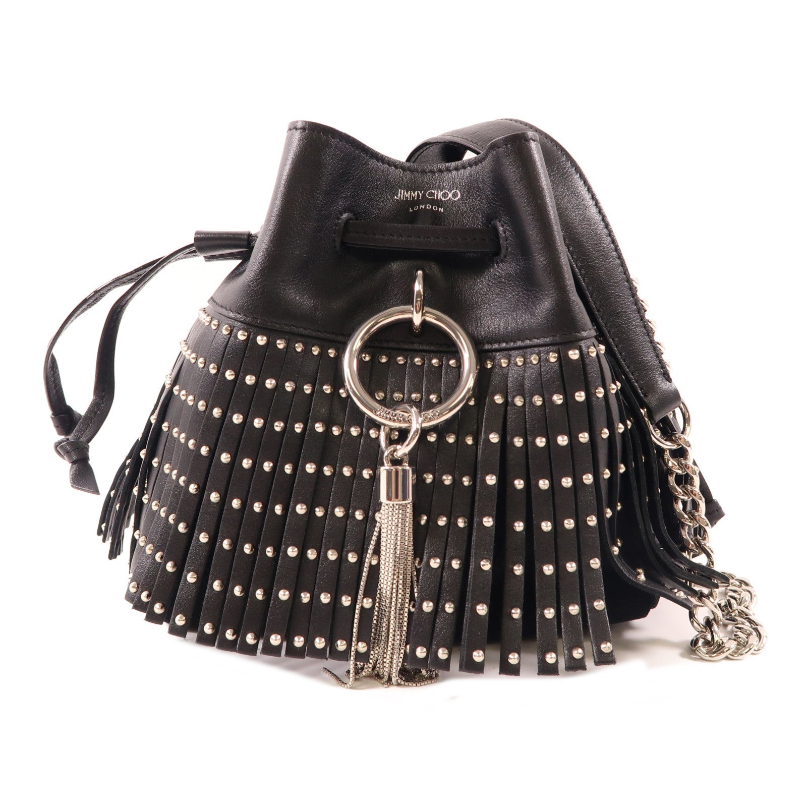 JIMMY CHOO 牛皮皮革Shoulder Bag銀扣鏈帶肩背袋黑色