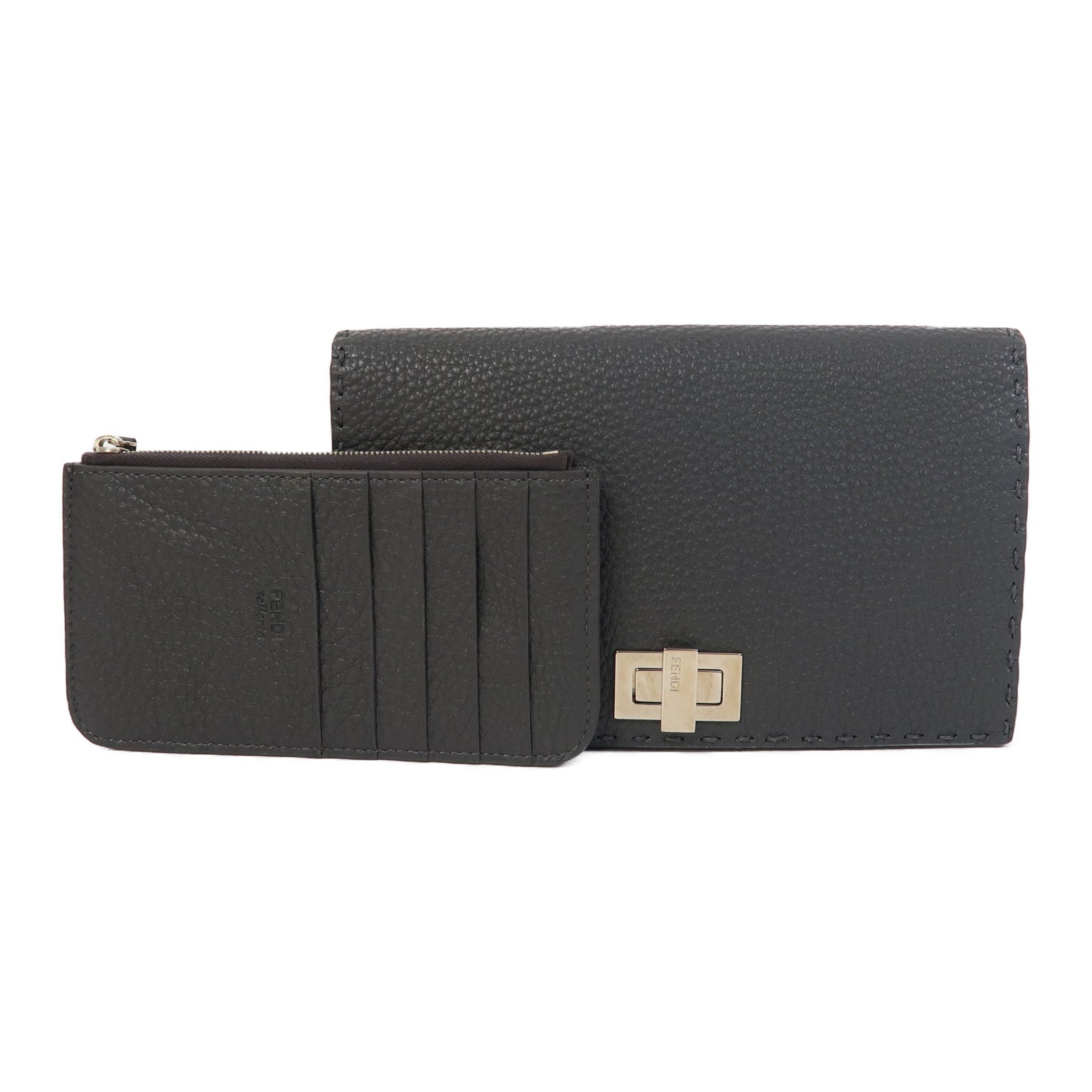 FENDI 牛皮皮革 Selleria銀扣長錢包灰色