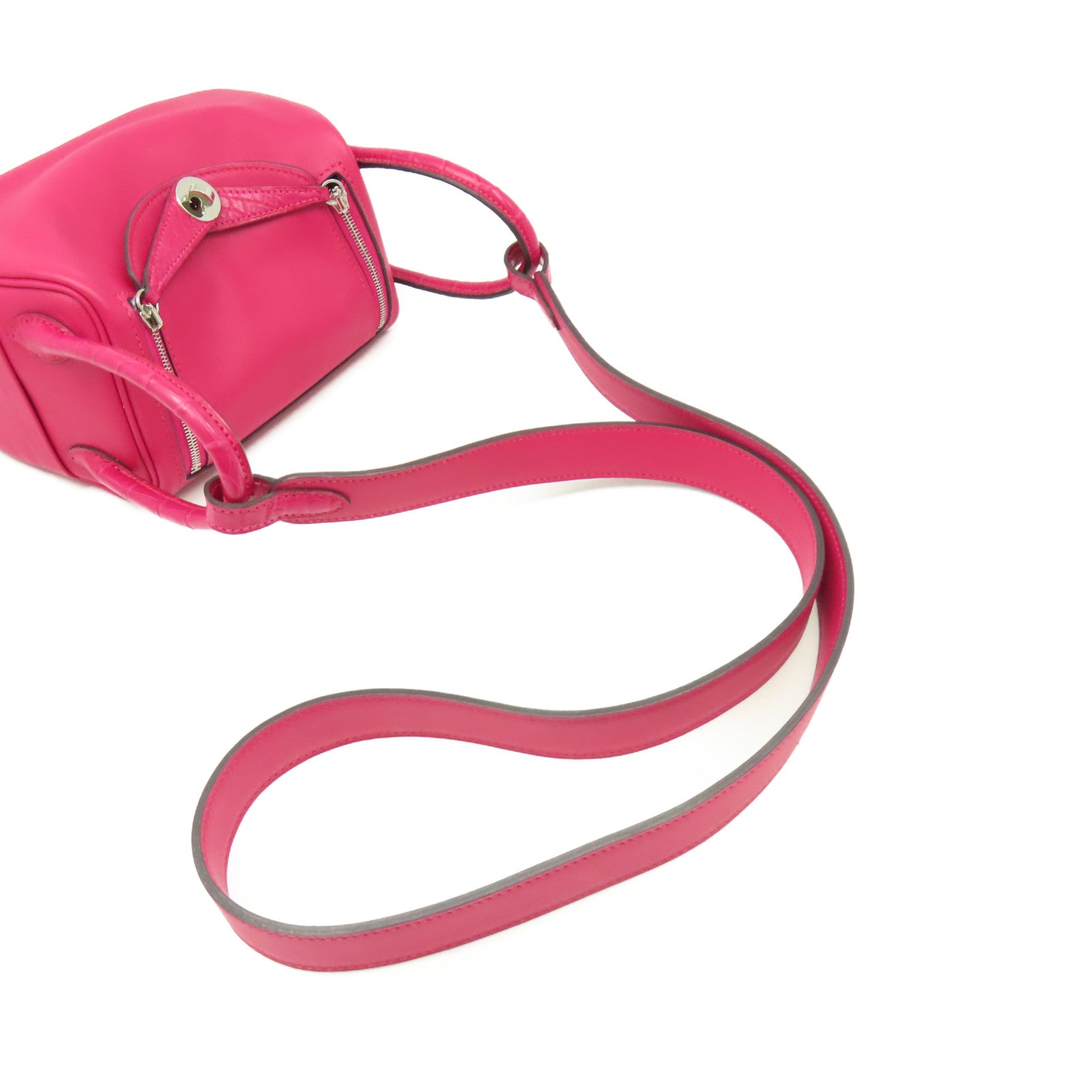 HERMES Swift皮革/鱷魚皮革Mini Lindy Touch Shoulder Bag銀扣肩背袋90 Framboise/紅莓色