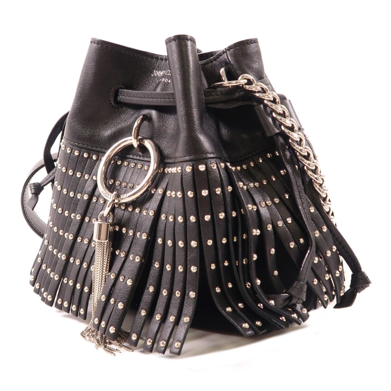 JIMMY CHOO 牛皮皮革Shoulder Bag銀扣鏈帶肩背袋黑色