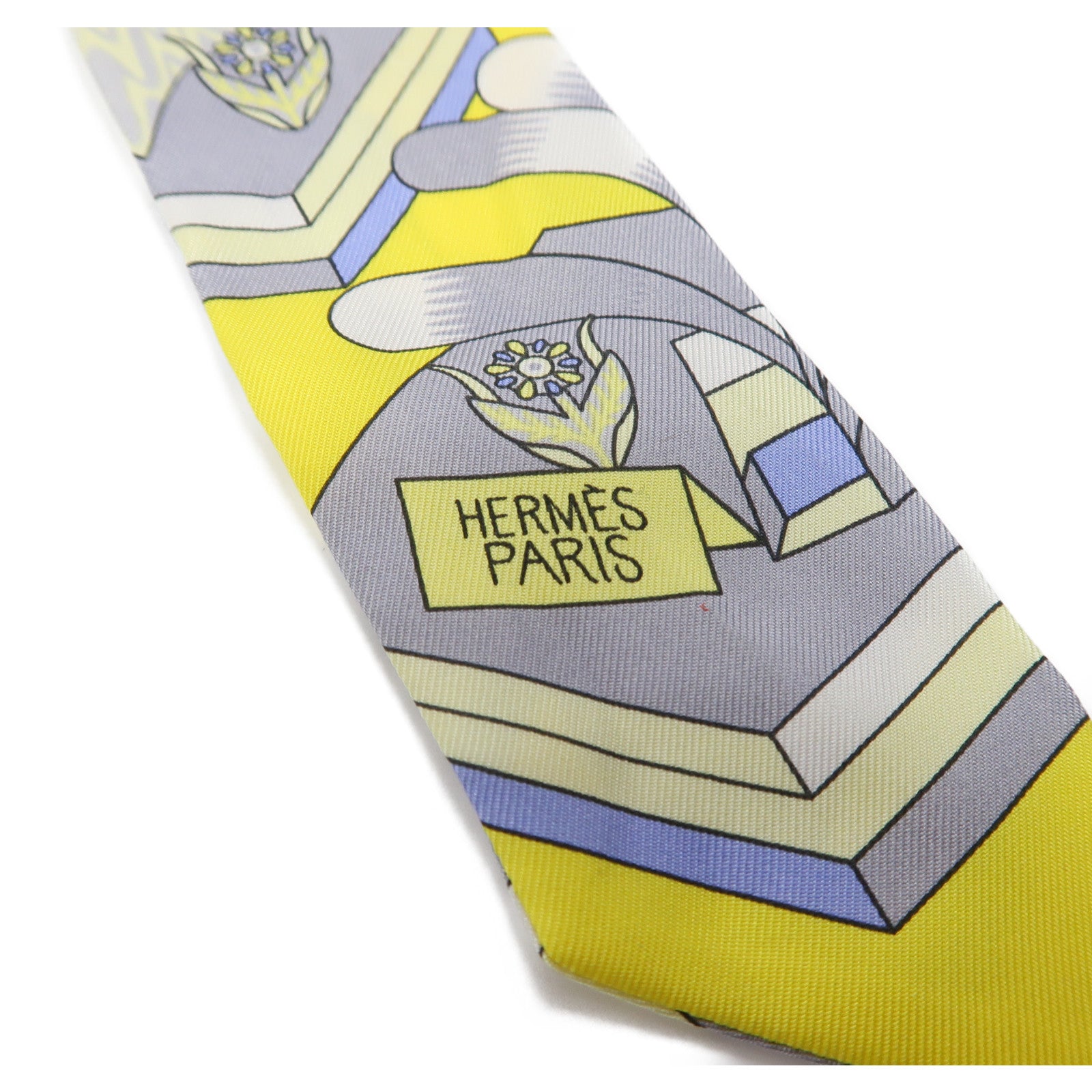 HERMES 絲質Twilly絲巾黃色/灰色