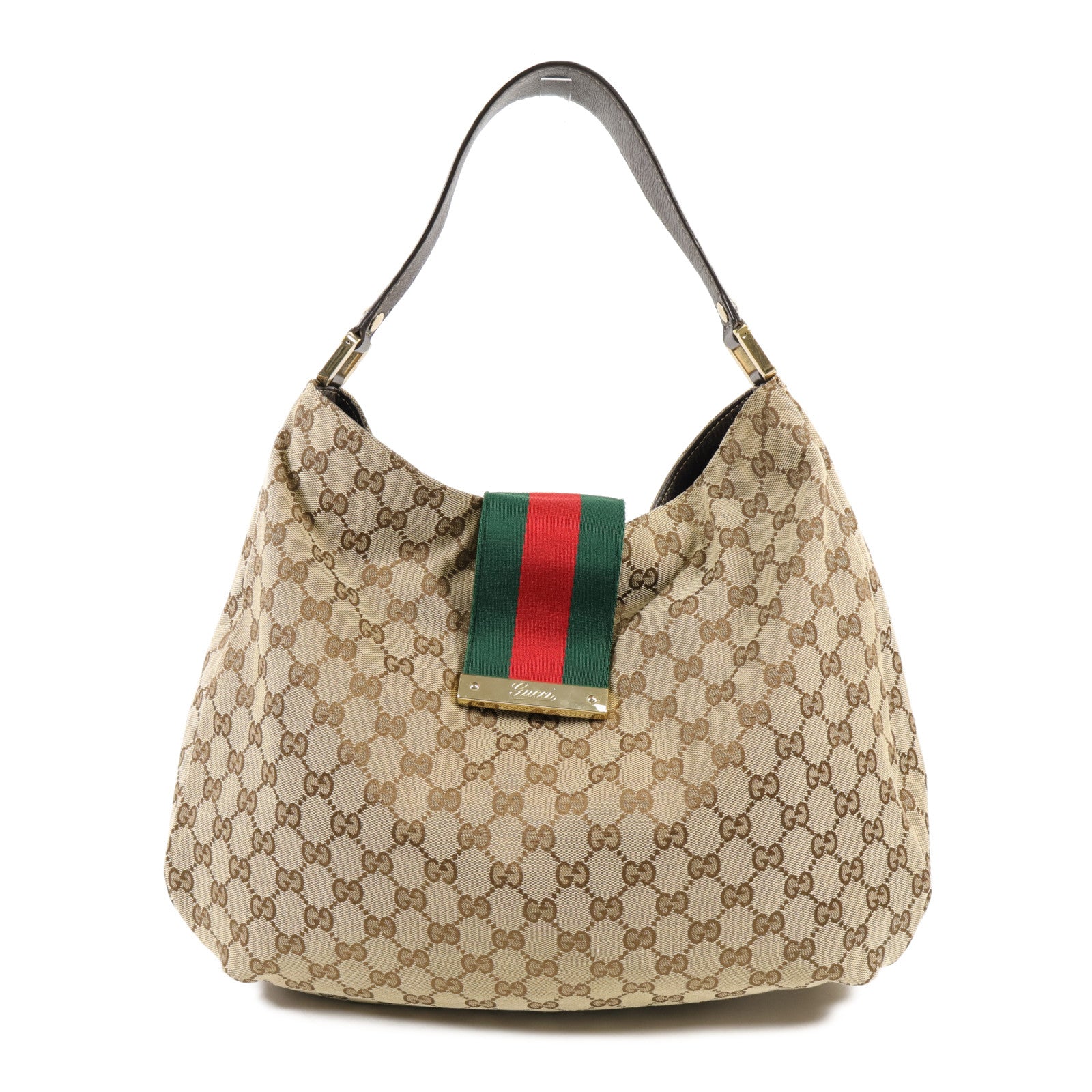 GUCCI 帆布GG Web Hobo金扣肩背袋