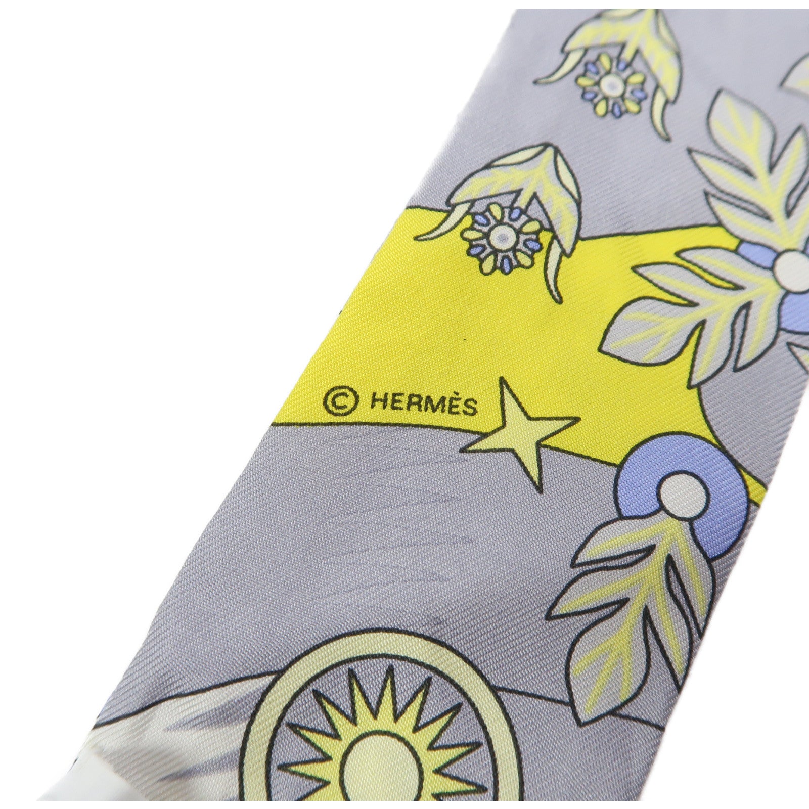 HERMES 絲質Twilly絲巾黃色/灰色
