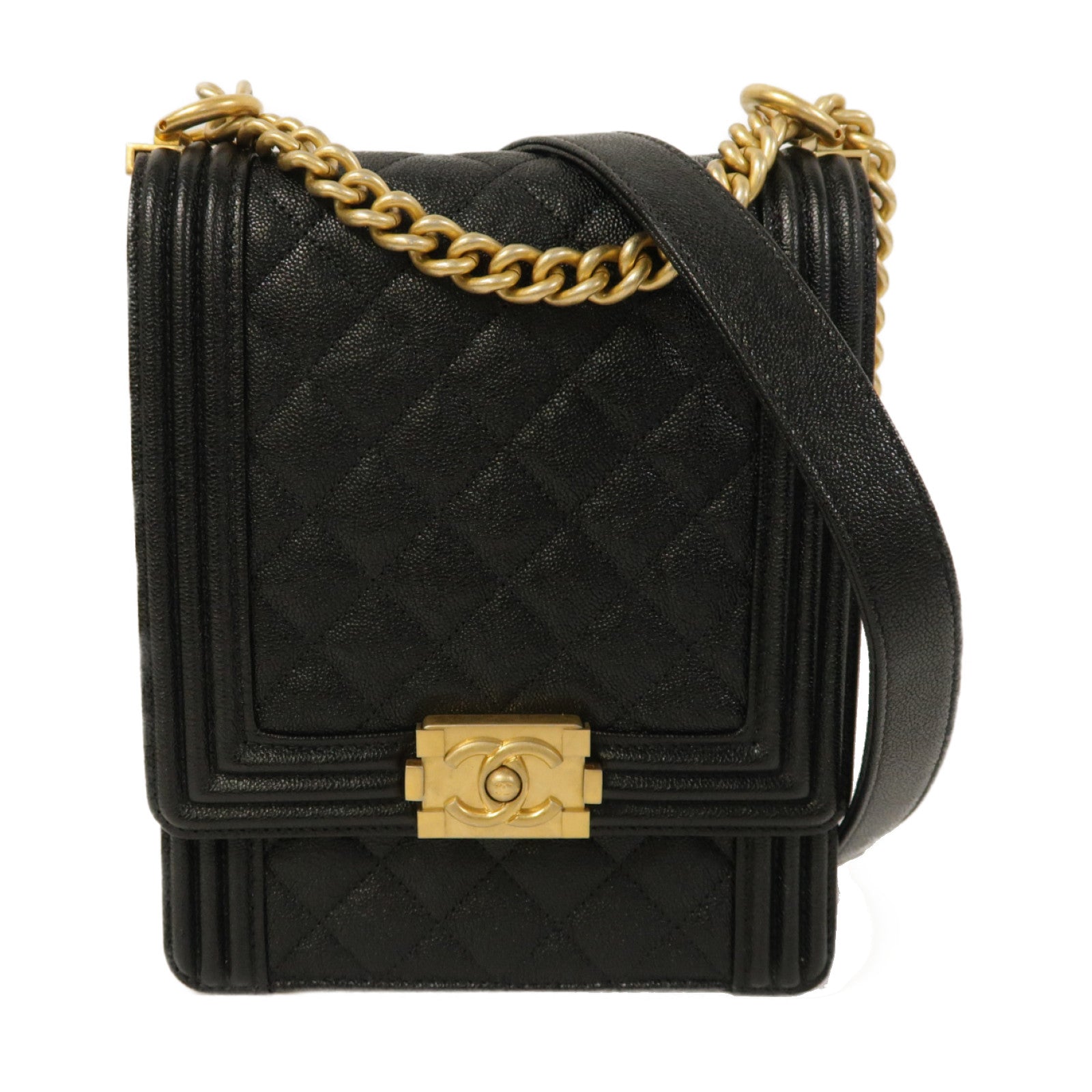 CHANEL 菱格Caviar皮革Boy Chanel金扣鏈帶肩背袋黑色