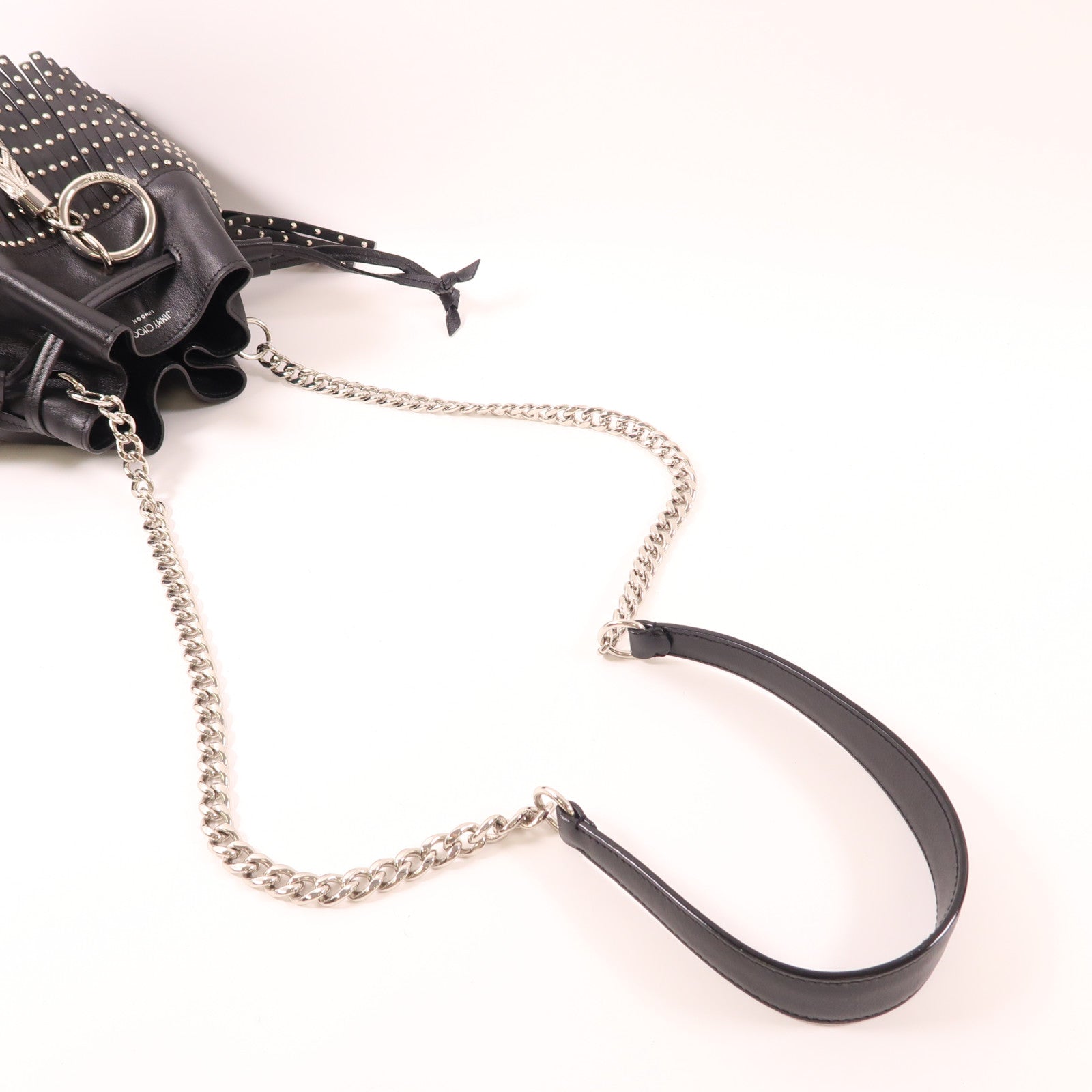 JIMMY CHOO 牛皮皮革Shoulder Bag銀扣鏈帶肩背袋黑色