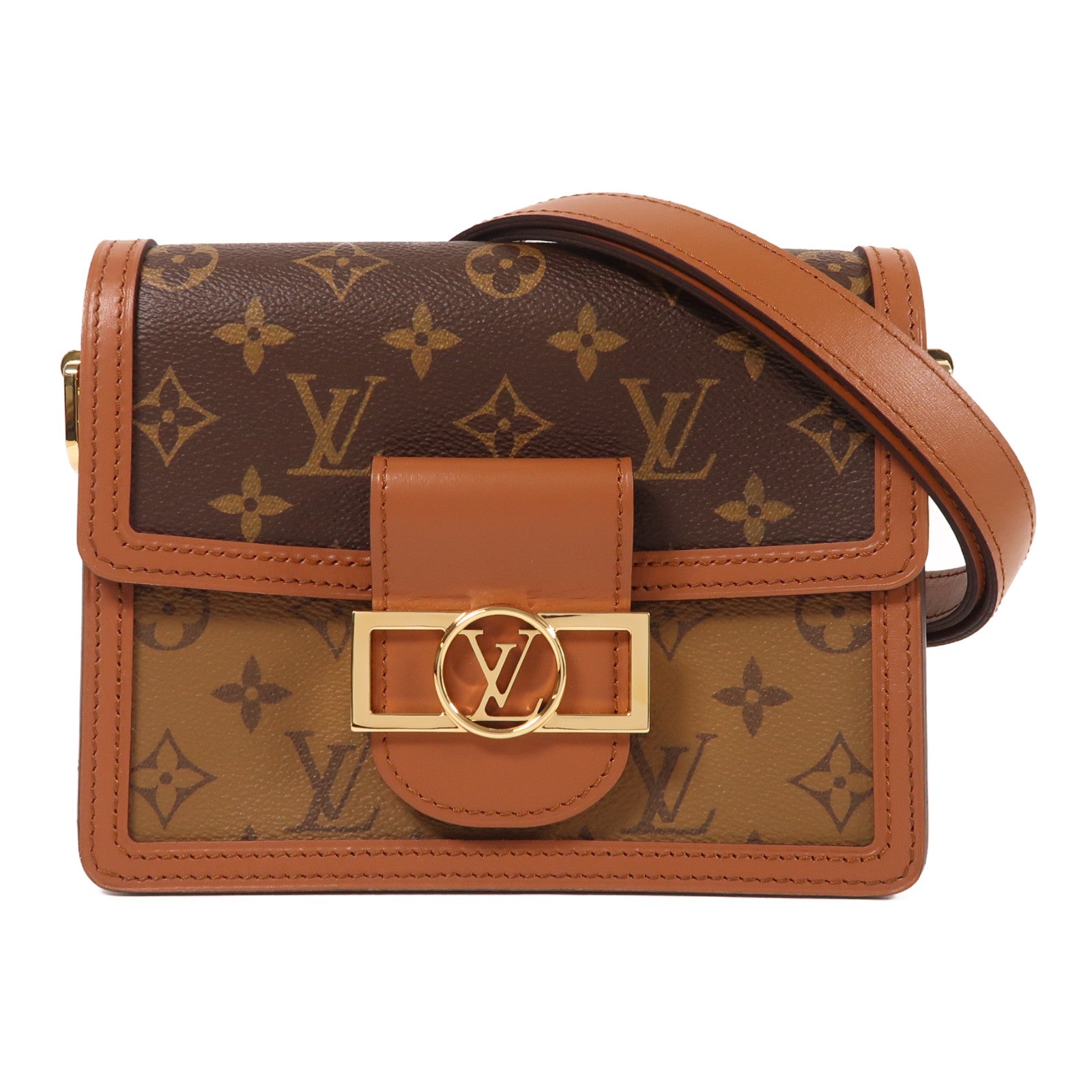 LOUIS VUITTON Monogram Reverse Mini Dauphine金扣肩背袋棕色