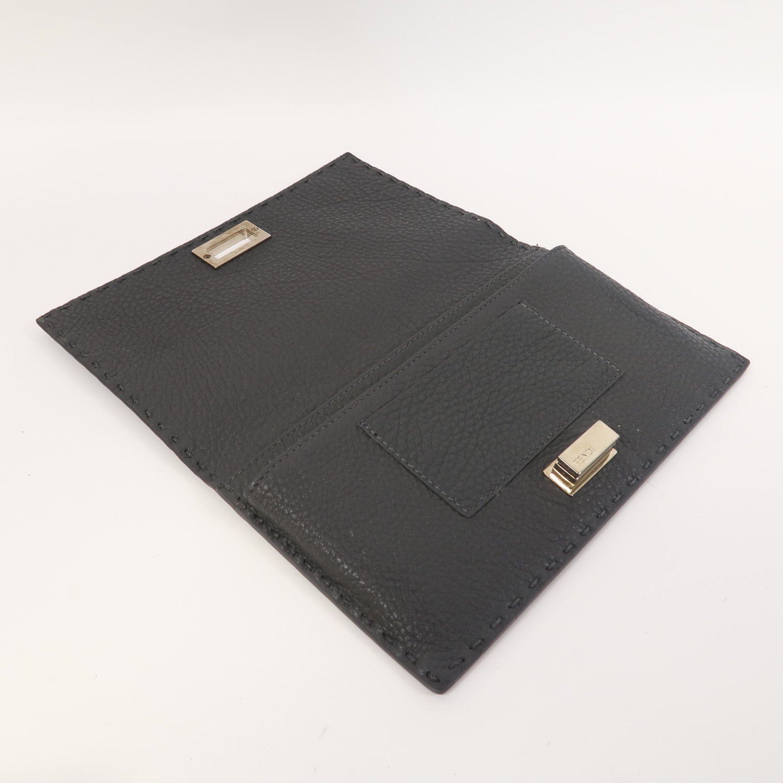 FENDI 牛皮皮革 Selleria銀扣長錢包灰色