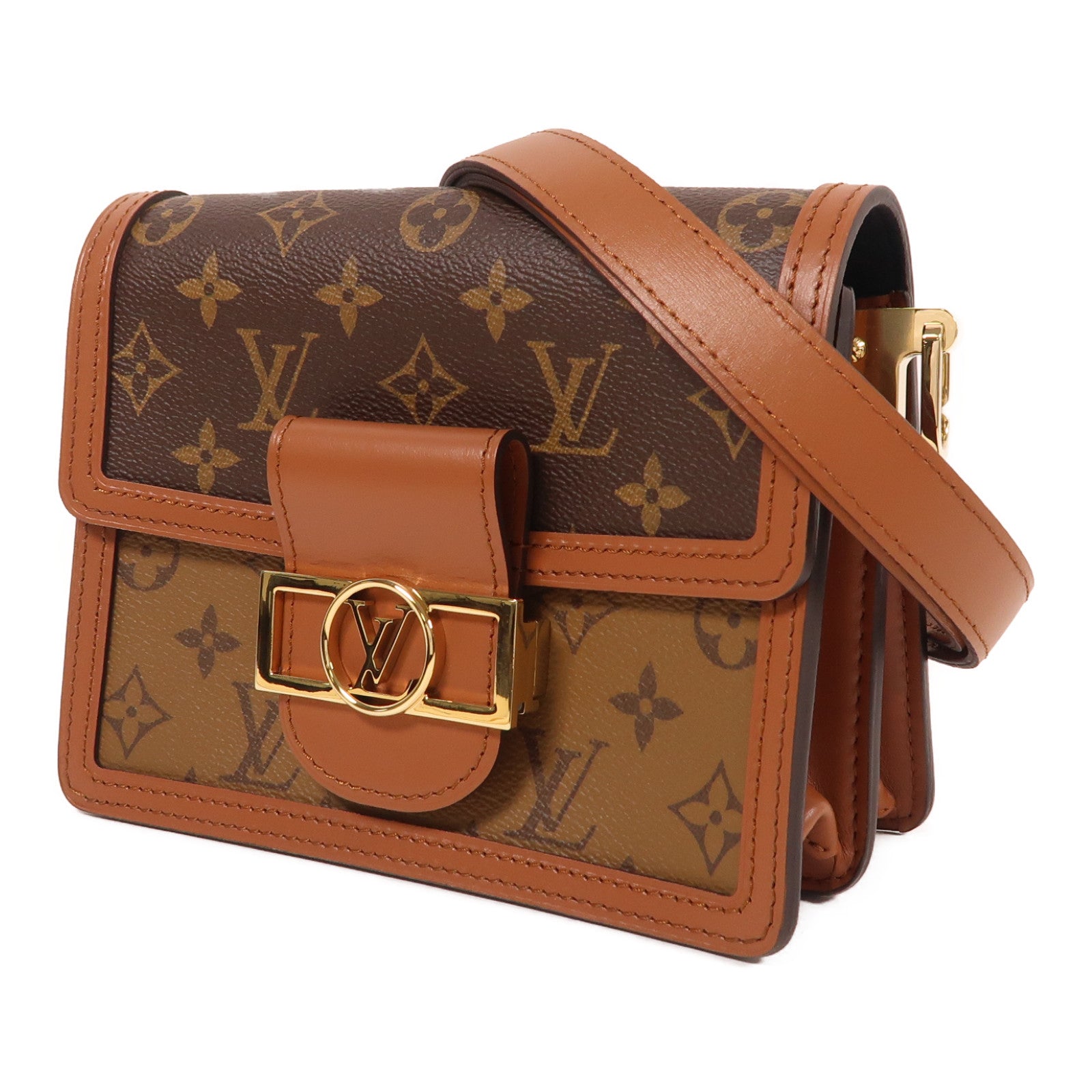 LOUIS VUITTON Monogram Reverse Mini Dauphine金扣肩背袋棕色