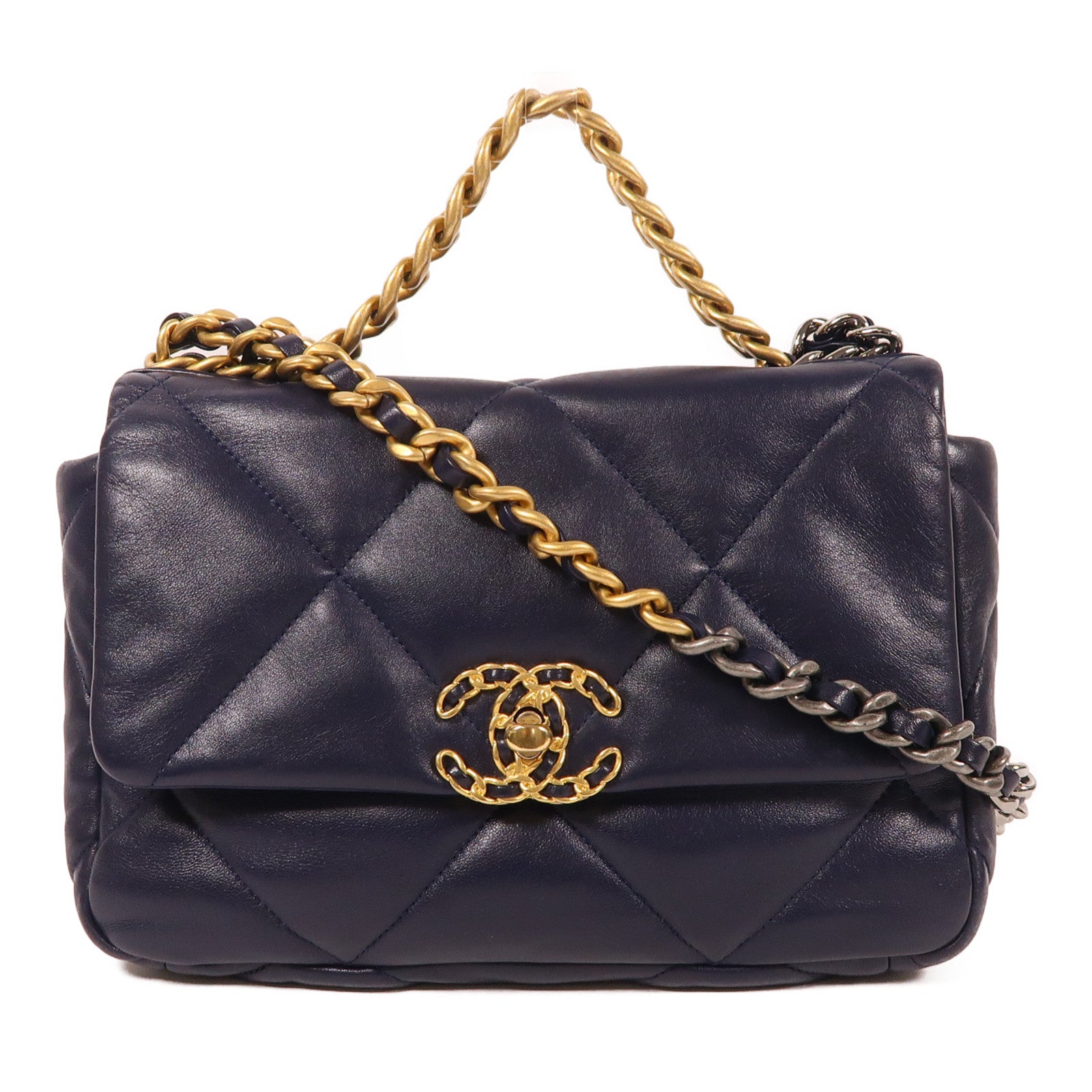 CHANEL 羊皮皮革Chanel 19手挽鏈帶肩背兩用袋深藍色