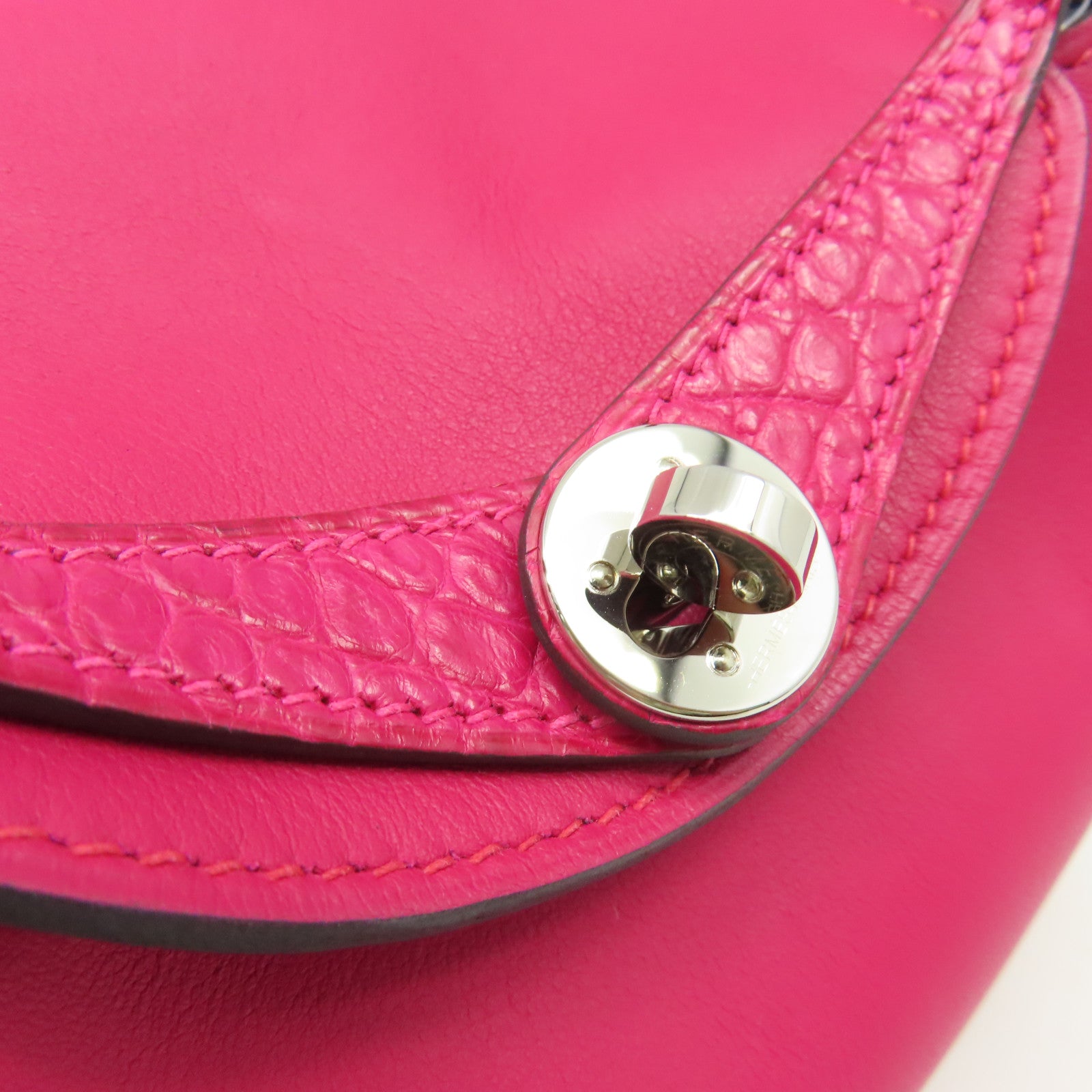 HERMES Swift皮革/鱷魚皮革Mini Lindy Touch Shoulder Bag銀扣肩背袋90 Framboise/紅莓色
