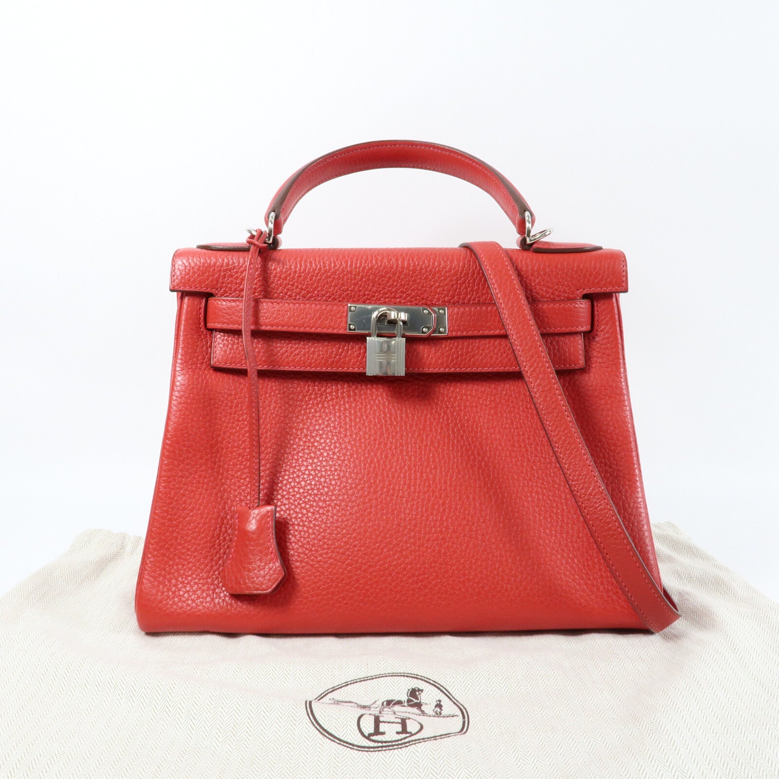 HERMES Togo皮革Kelly 28銀扣手挽肩背兩用袋Rouge Casaque