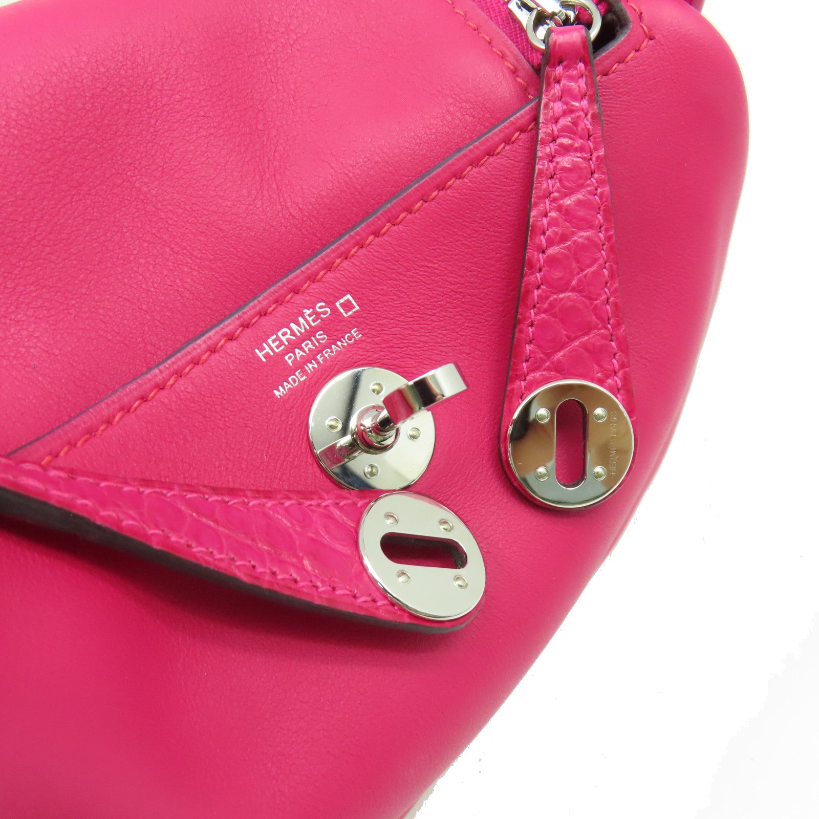 HERMES Swift皮革/鱷魚皮革Mini Lindy Touch Shoulder Bag銀扣肩背袋90 Framboise/紅莓色