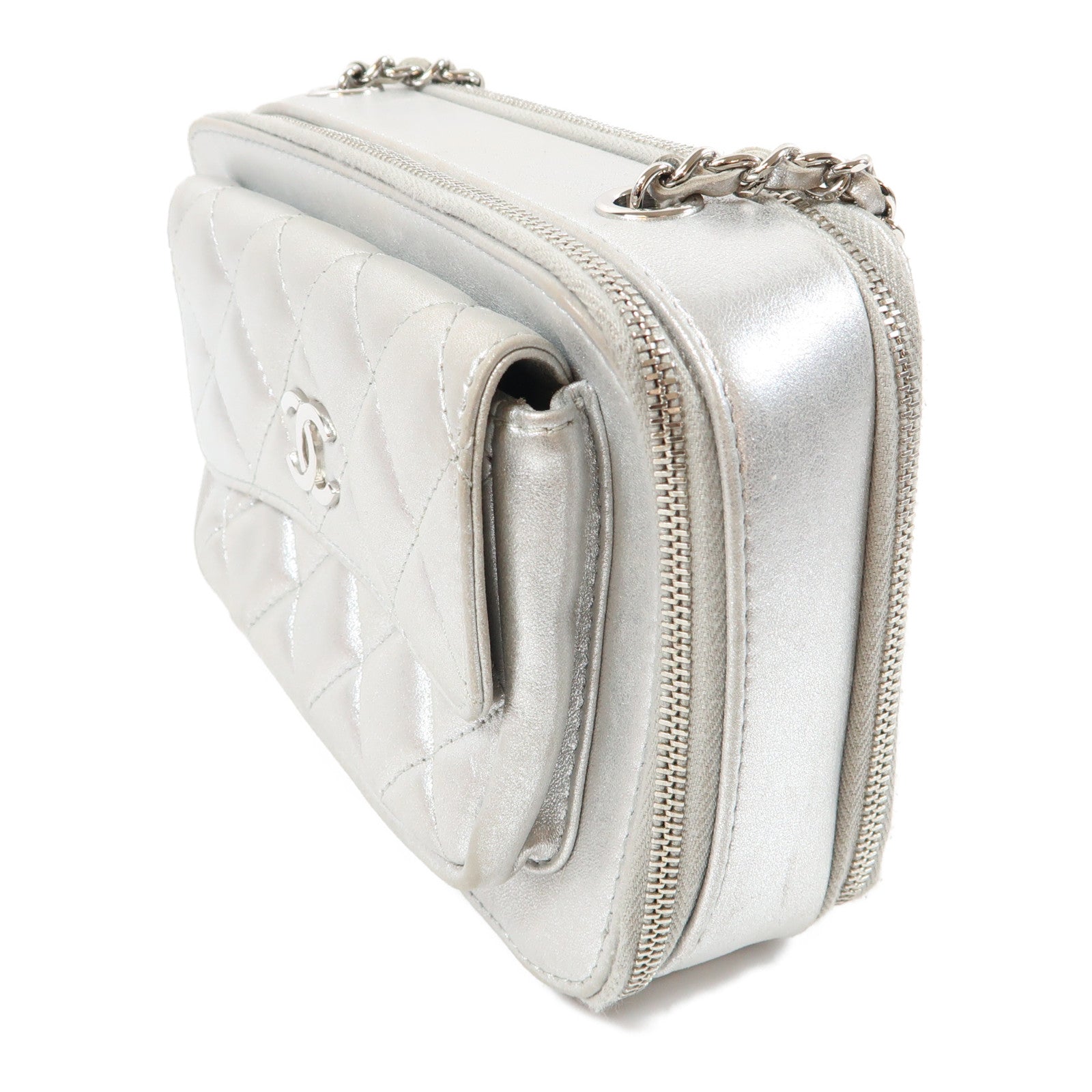 CHANEL 【激減優惠】菱格牛皮皮革Chain Shoulder Bag銀扣鏈帶肩背袋銀色
