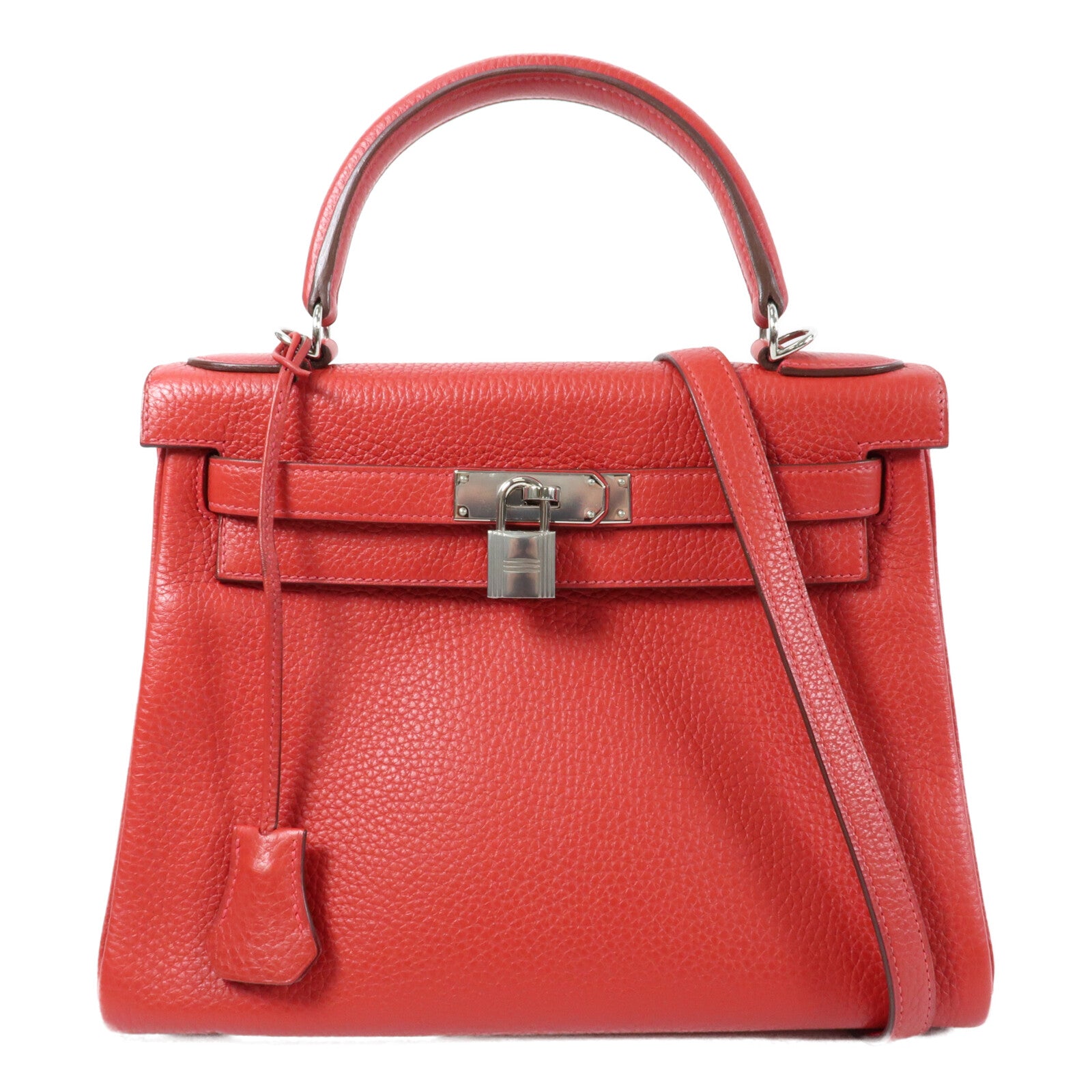 HERMES Togo皮革Kelly 28銀扣手挽肩背兩用袋Rouge Casaque