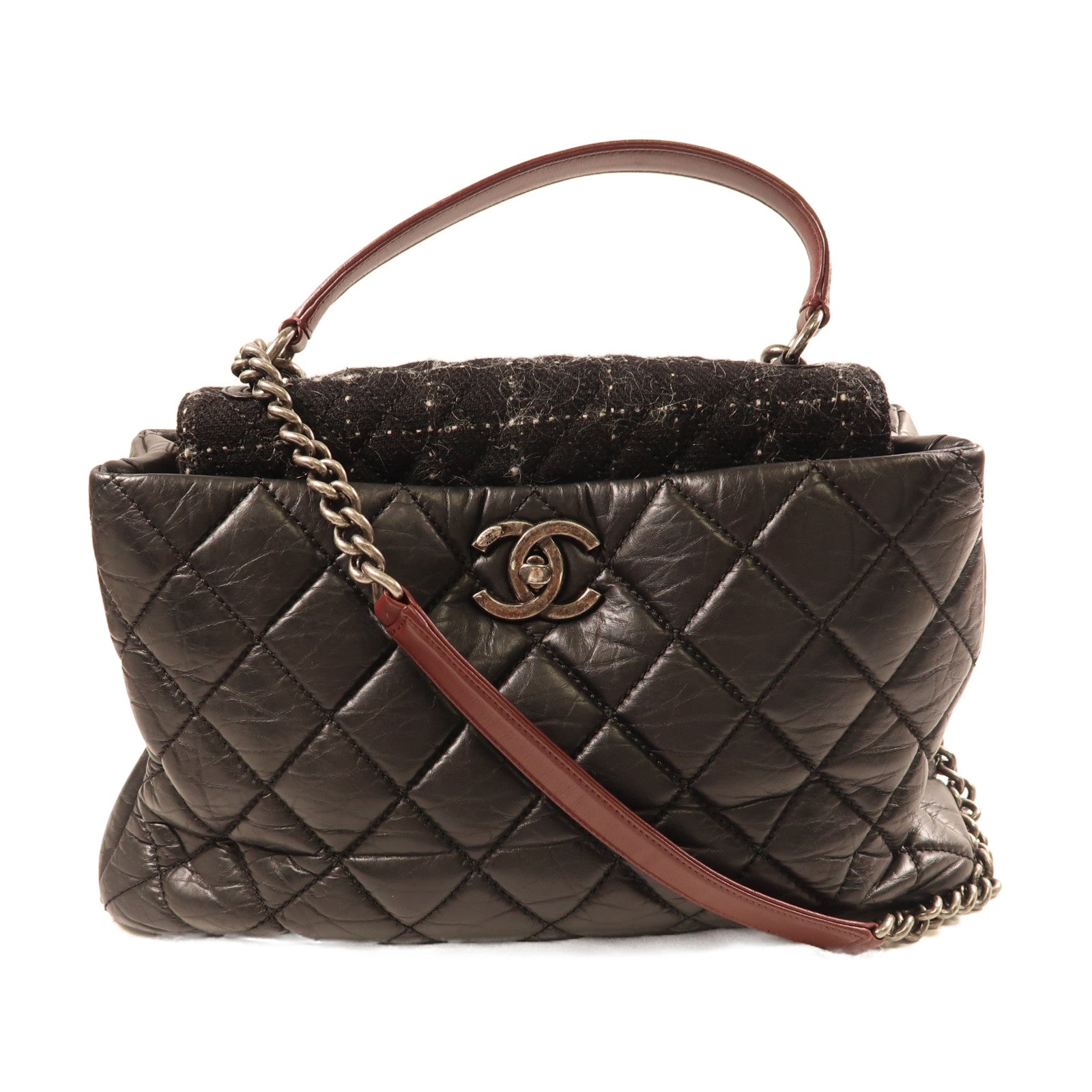 CHANEL 牛皮皮革Shoulder Bag銀扣鏈帶手挽肩背兩用袋黑色