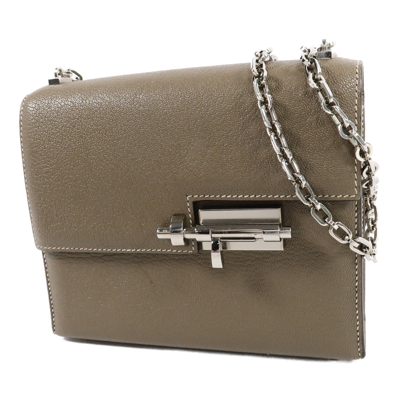 HERMES Chevre皮革Verrou Mini鏈帶肩背袋Etoupe