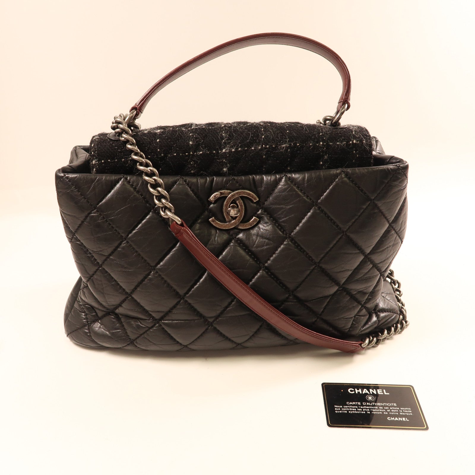 CHANEL 牛皮皮革Shoulder Bag銀扣鏈帶手挽肩背兩用袋黑色