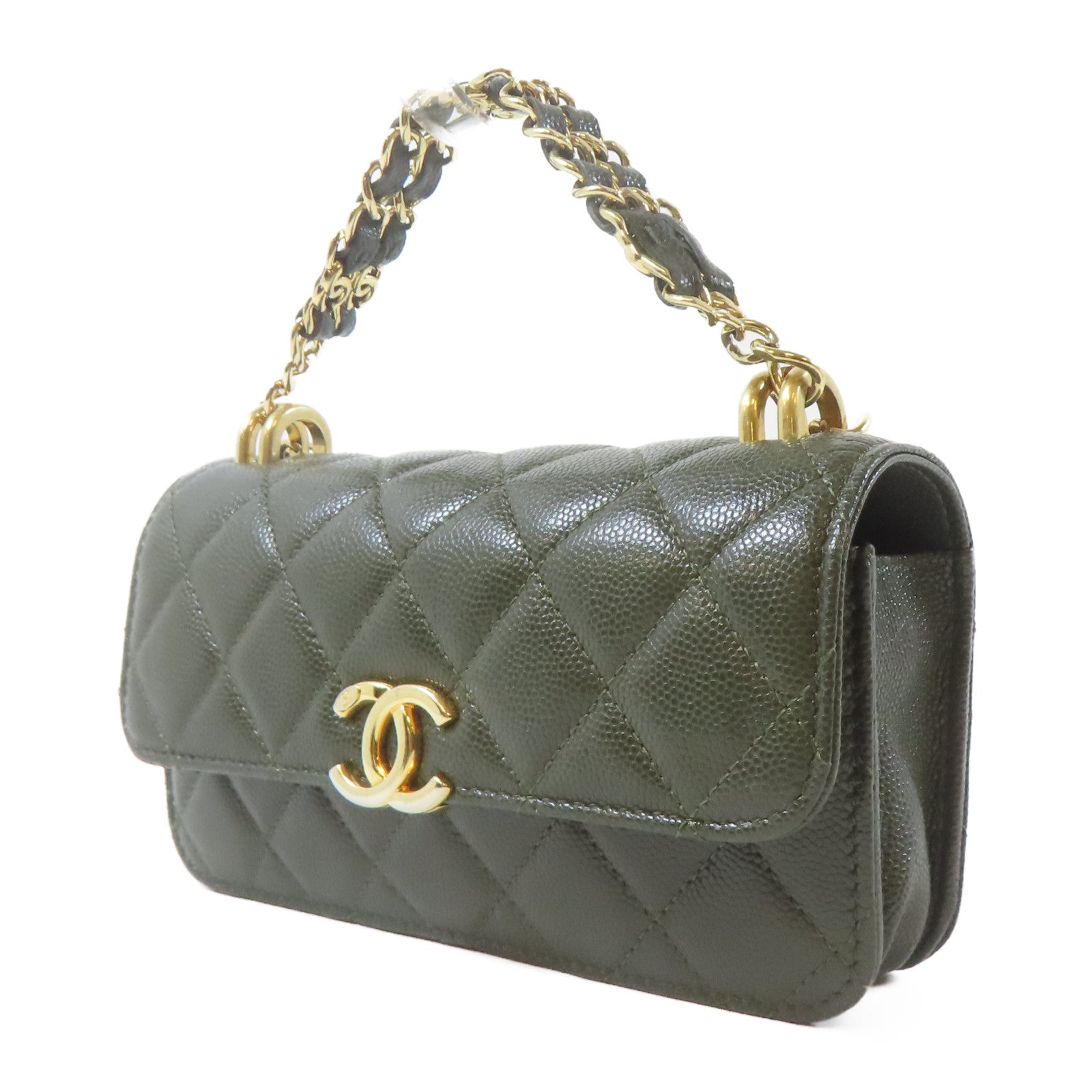 CHANEL 菱格Caviar皮革Coco First WOC金扣鏈帶手挽肩背兩用袋綠色