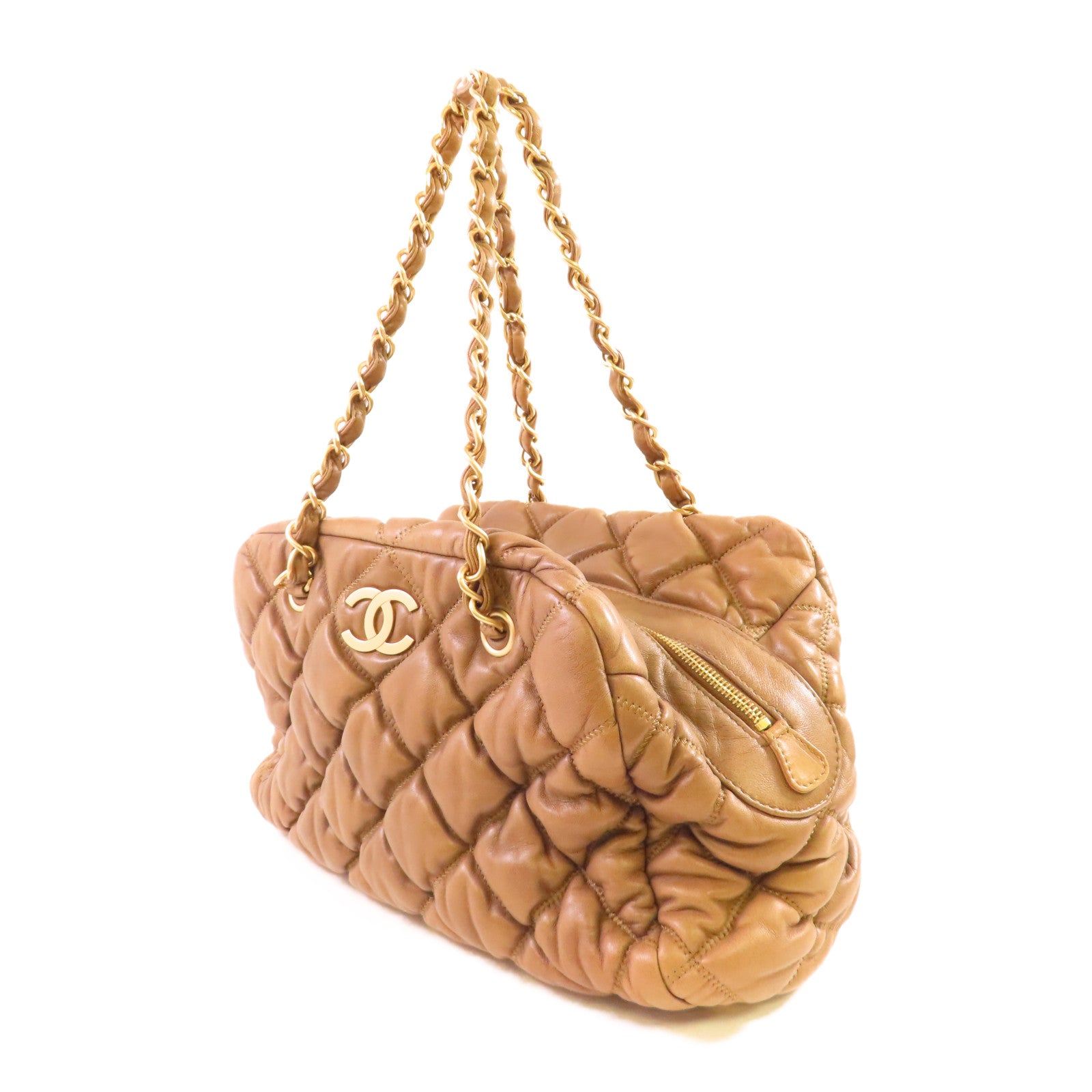 CHANEL 菱格羊皮皮革Chain Shoulder金扣鏈帶肩背袋啡色