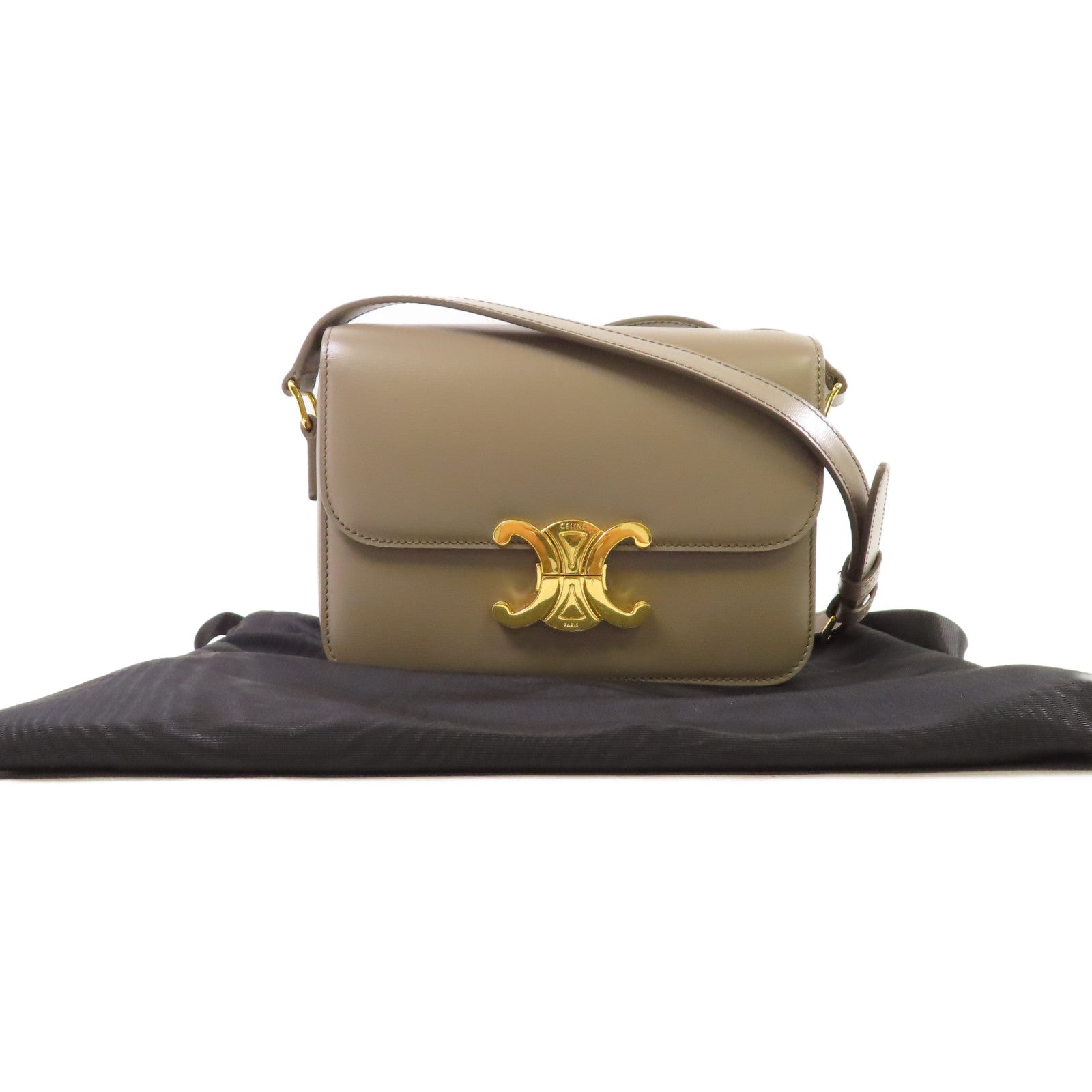 CELINE 牛皮皮革Teen Triomphe Shoulder Bag金扣肩背袋灰色