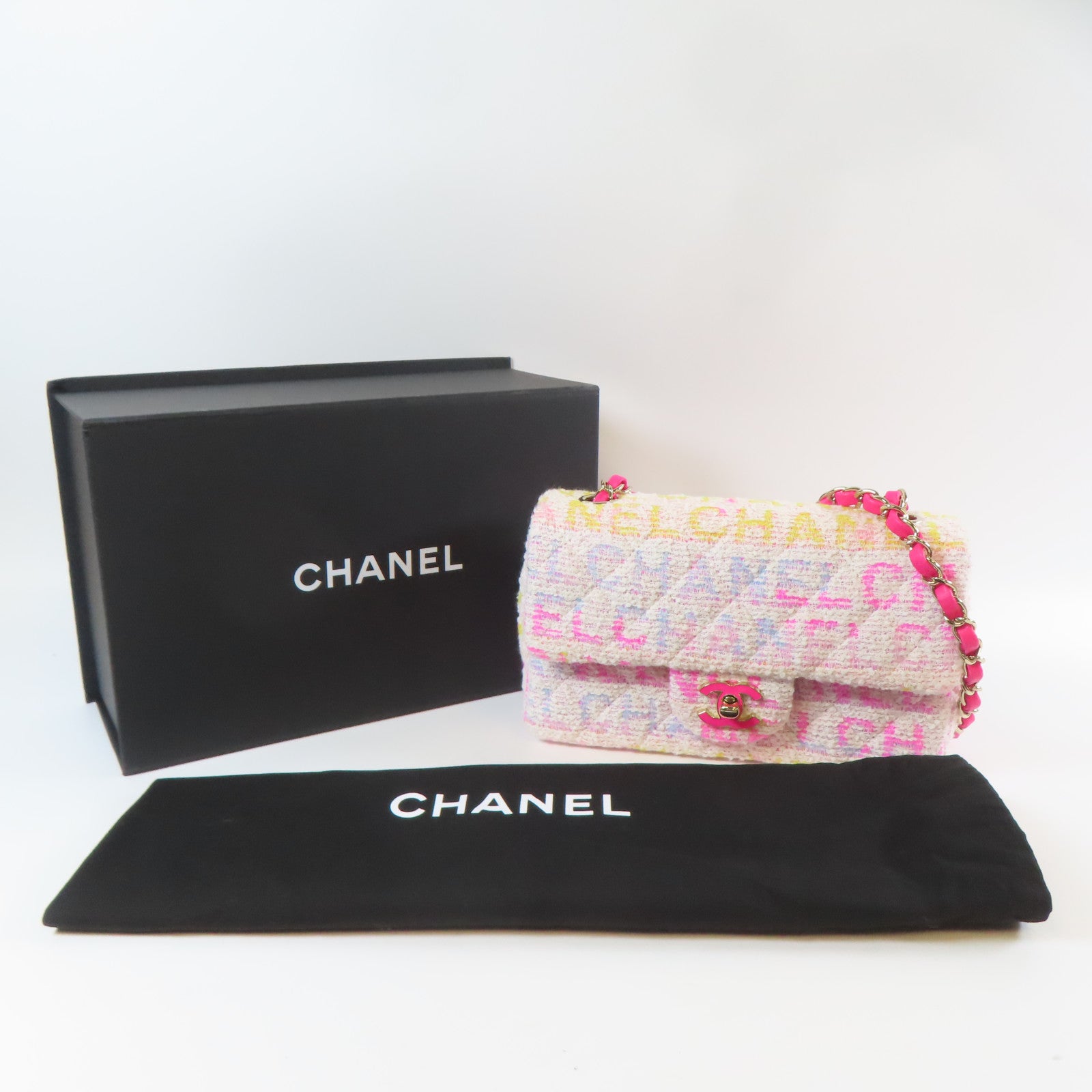 CHANEL 菱格斜紋軟呢Classic Flap 20cm金扣鏈帶肩背袋白色/粉紅色/黃色/淺藍色