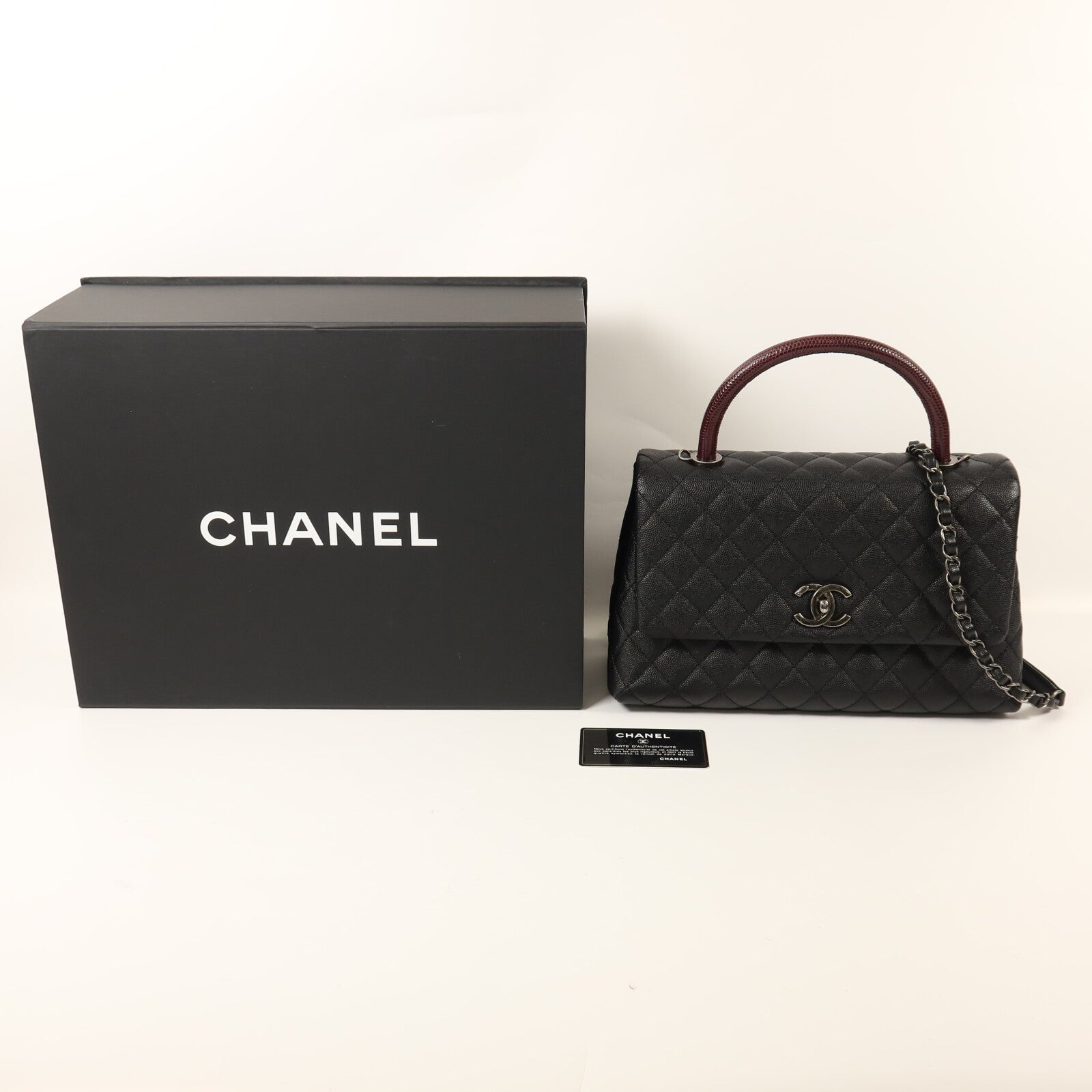 CHANEL 牛皮皮革/蜥蝪皮革Coco Handle Medium銀扣鏈帶手挽肩背兩用袋