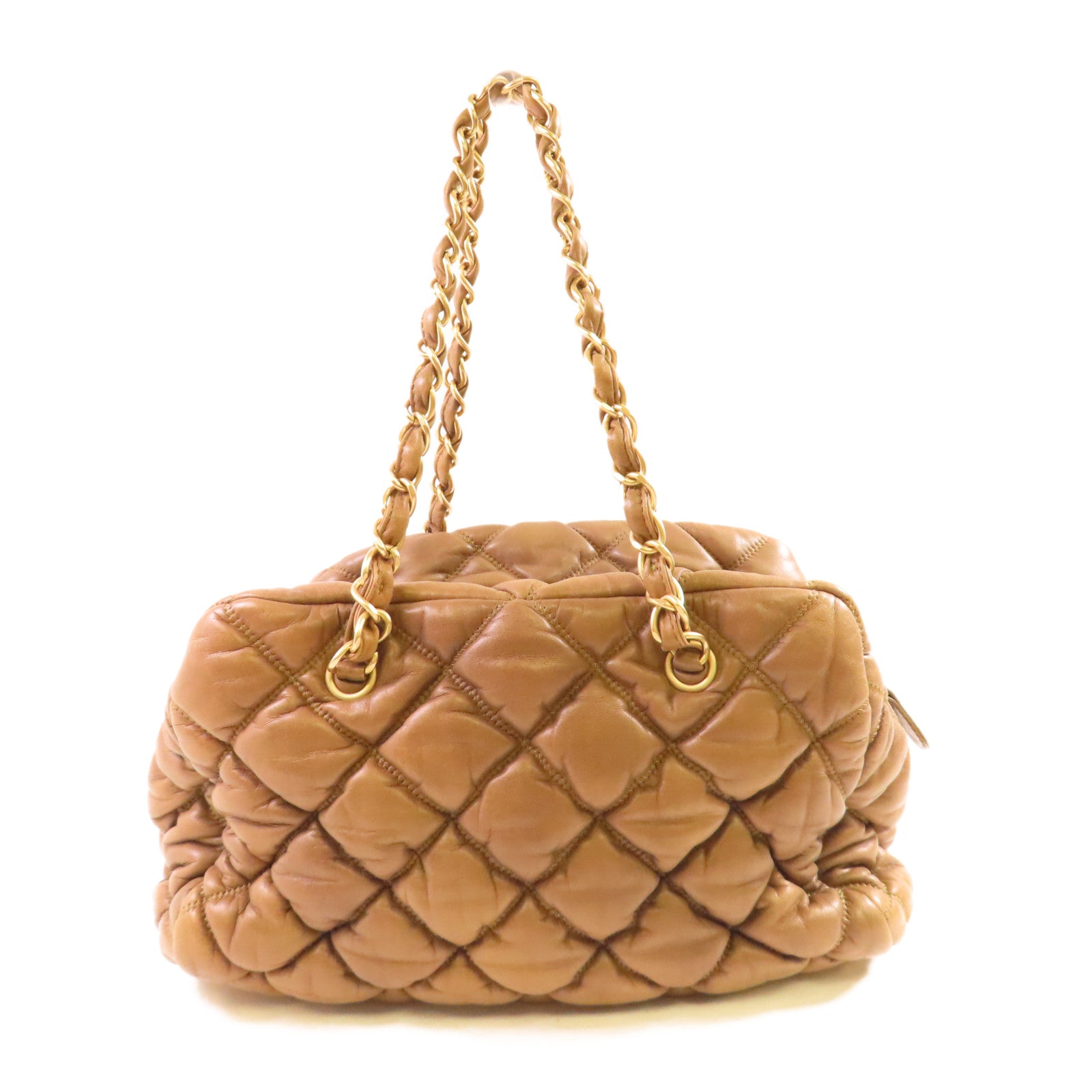 CHANEL 菱格羊皮皮革Chain Shoulder金扣鏈帶肩背袋啡色