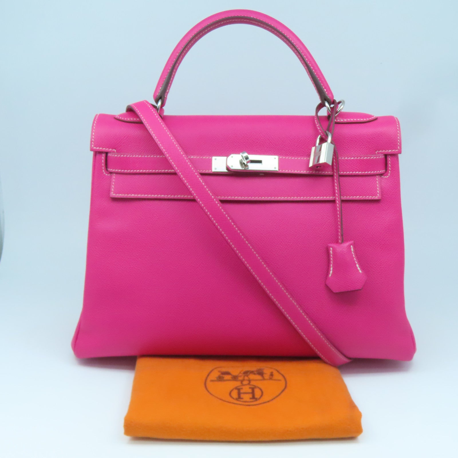 HERMES Epsom Leather Kelly 32 Silver Buckle Hand Shoulder Backpack Fluorescent Pink/Pink Purple