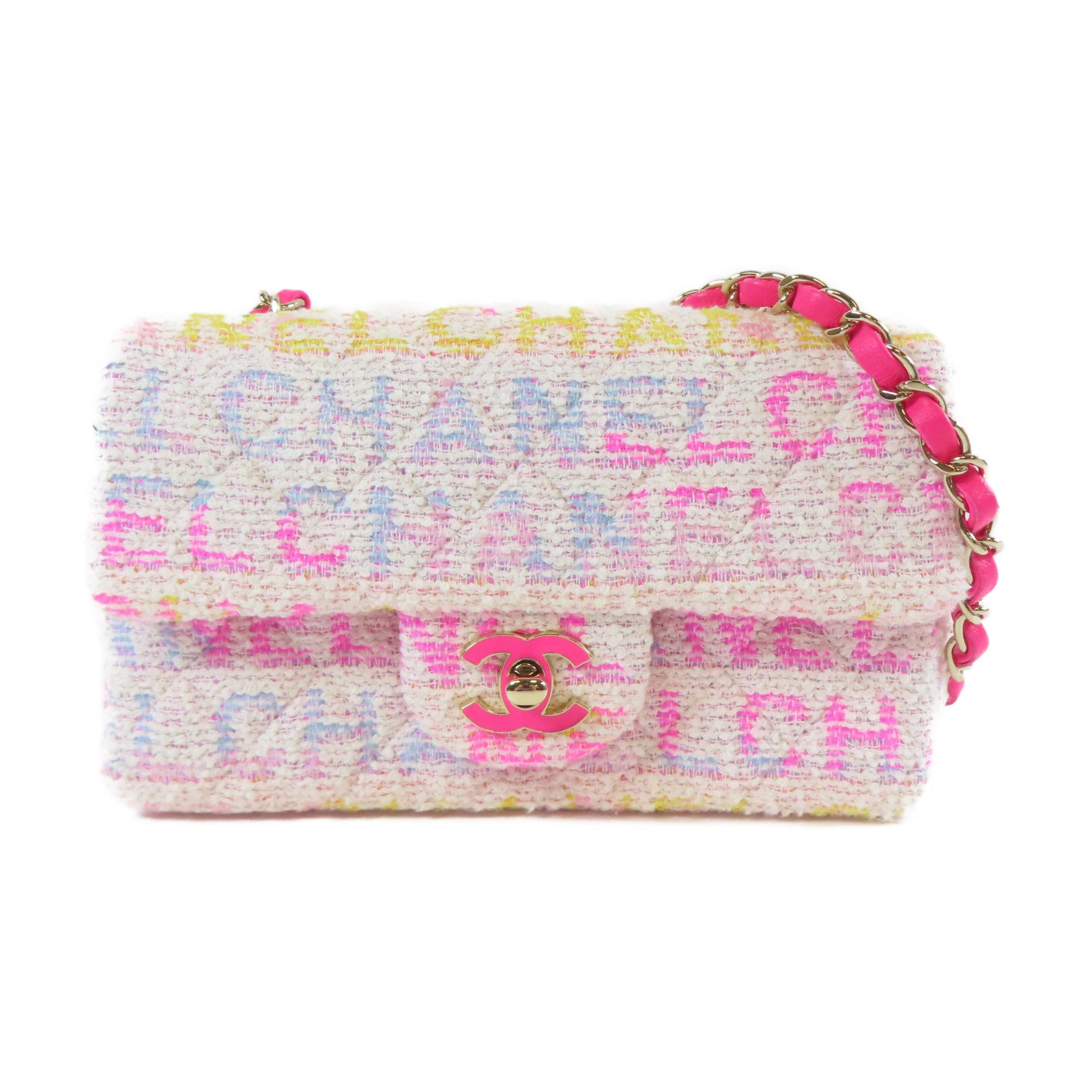 CHANEL 菱格斜紋軟呢Classic Flap 20cm金扣鏈帶肩背袋白色/粉紅色/黃色/淺藍色