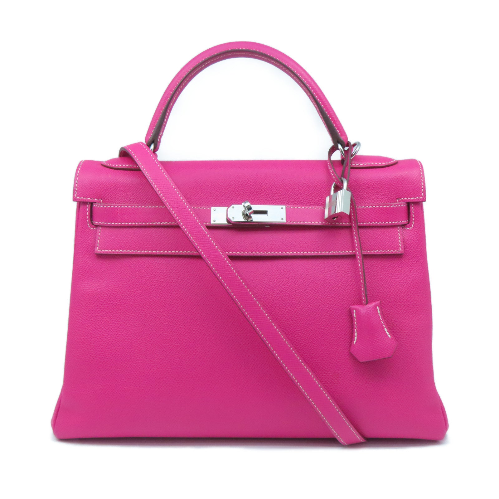 HERMES Epsom Leather Kelly 32 Silver Buckle Hand Shoulder Backpack Fluorescent Pink/Pink Purple