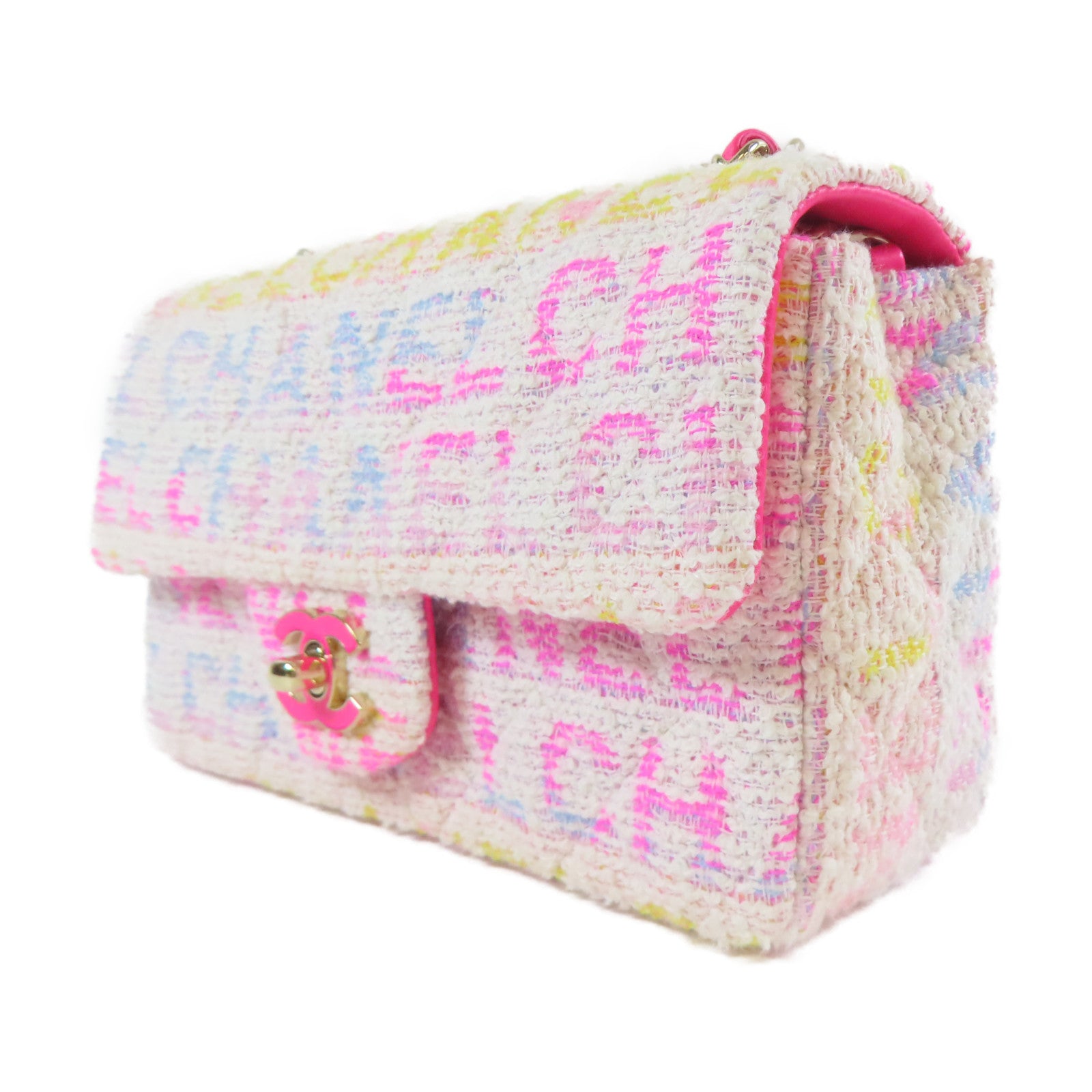 CHANEL 菱格斜紋軟呢Classic Flap 20cm金扣鏈帶肩背袋白色/粉紅色/黃色/淺藍色