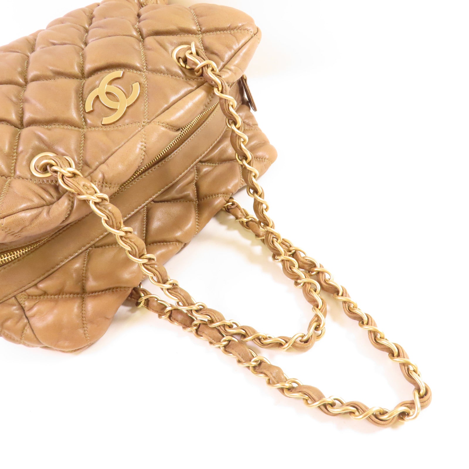 CHANEL 菱格羊皮皮革Chain Shoulder金扣鏈帶肩背袋啡色