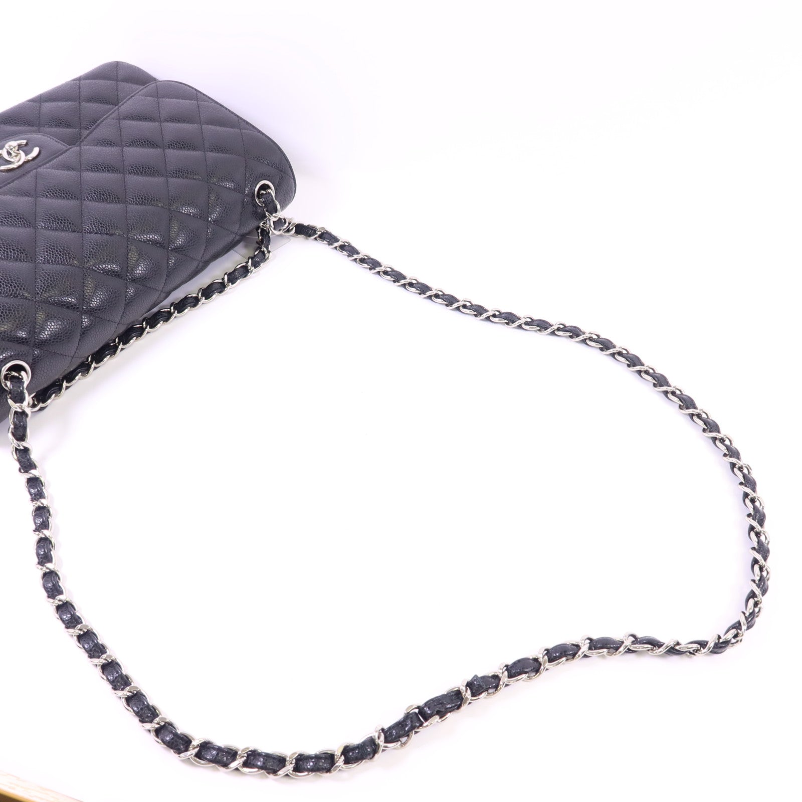 CHANEL 牛皮皮革Large Classic銀扣鏈帶肩背袋