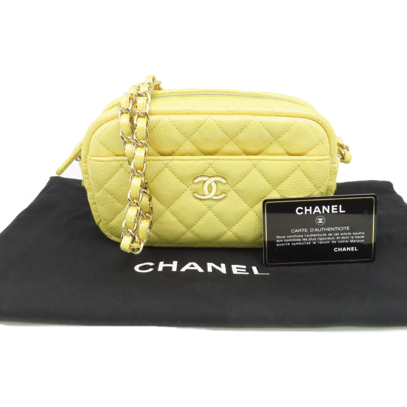 CHANEL 【激減優惠】菱格Caviar皮革Chain Shoulder Bag金扣鏈帶肩背袋黃奶色